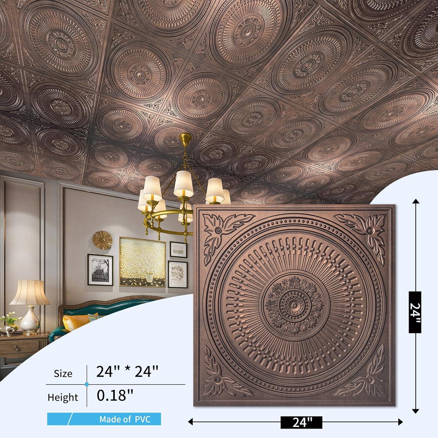 imageArt3d 12Pack Drop Ceiling Tiles 2x2 FT Decorative Easy Install PVC Ceiling Panels for Interior Kitchen Bathroom Basement 24x24 Inch WhiteAntique Copper