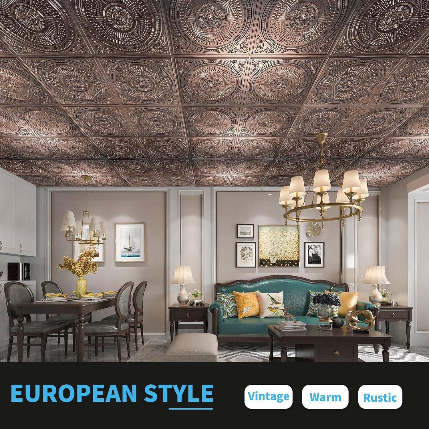 imageArt3d 12Pack Drop Ceiling Tiles 2x2 FT Decorative Easy Install PVC Ceiling Panels for Interior Kitchen Bathroom Basement 24x24 Inch WhiteAntique Copper