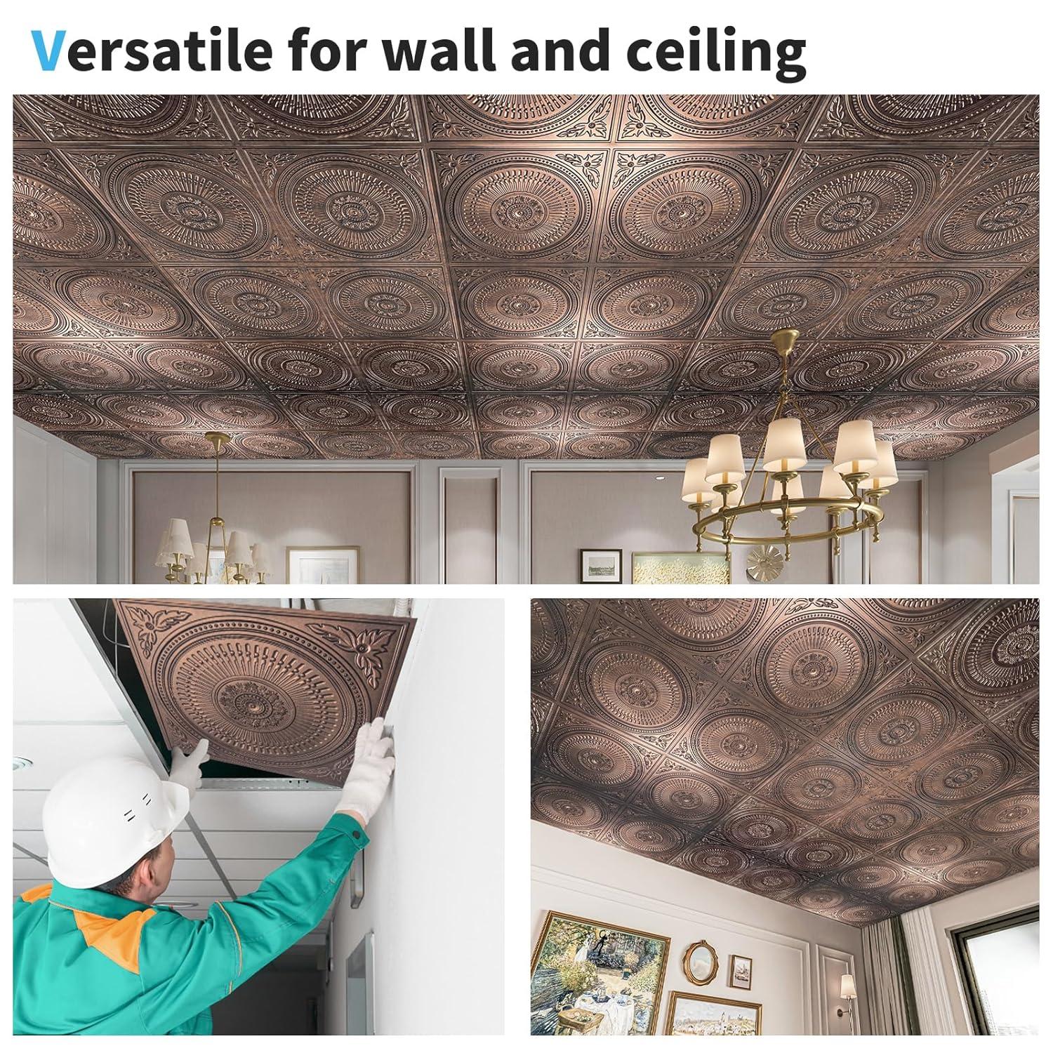 imageArt3d 12Pack Drop Ceiling Tiles 2x2 FT Decorative Easy Install PVC Ceiling Panels for Interior Kitchen Bathroom Basement 24x24 Inch WhiteAntique Copper