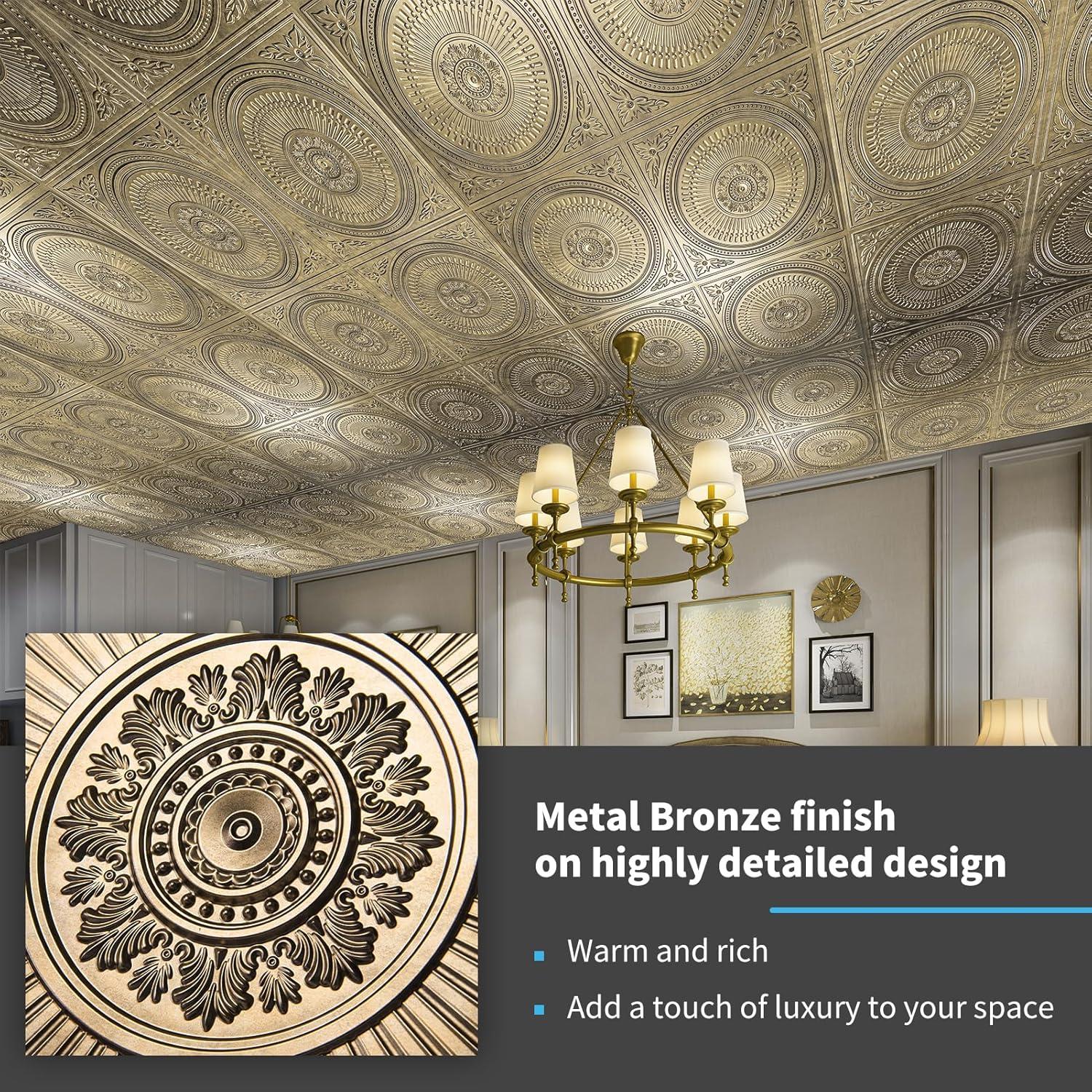 imageArt3d 12Pack Drop Ceiling Tiles 2x2 FT Decorative Easy Install PVC Ceiling Panels for Interior Kitchen Bathroom Basement 24x24 Inch WhiteAntique Gold