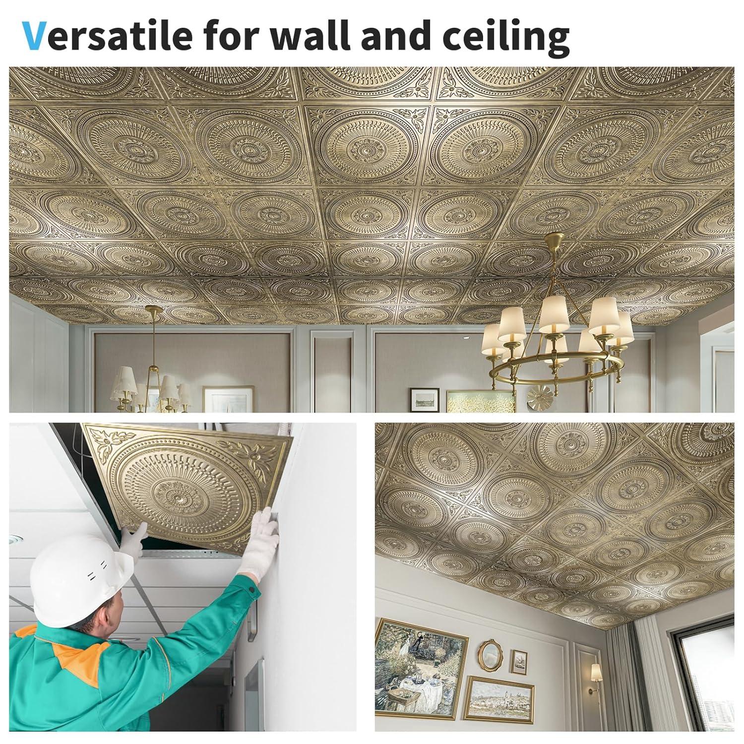 imageArt3d 12Pack Drop Ceiling Tiles 2x2 FT Decorative Easy Install PVC Ceiling Panels for Interior Kitchen Bathroom Basement 24x24 Inch WhiteAntique Gold