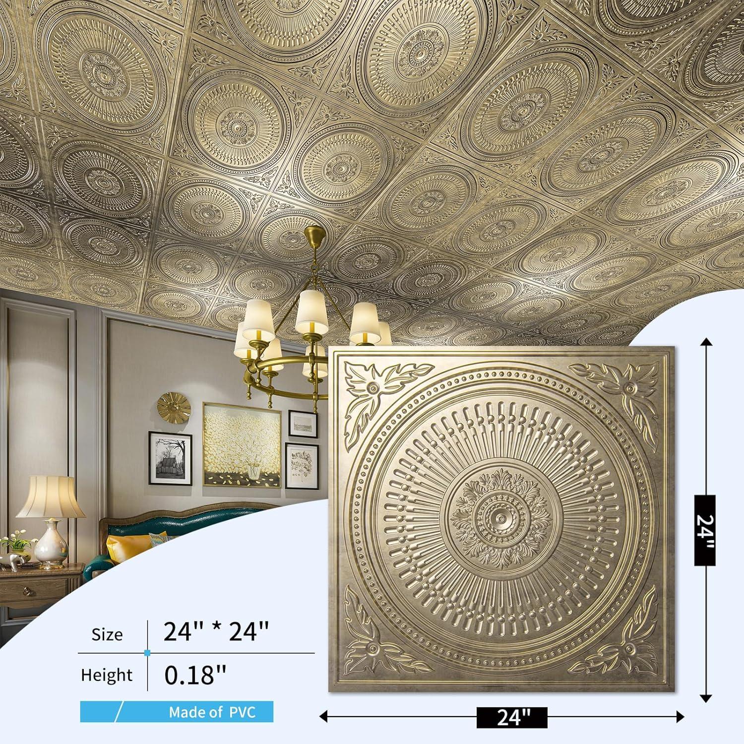 imageArt3d 12Pack Drop Ceiling Tiles 2x2 FT Decorative Easy Install PVC Ceiling Panels for Interior Kitchen Bathroom Basement 24x24 Inch WhiteAntique Gold