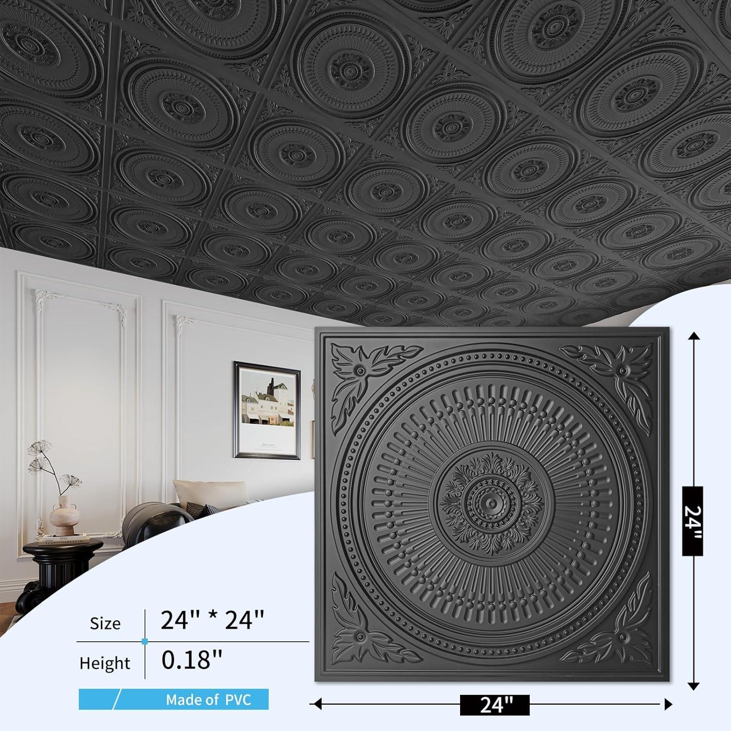 imageArt3d 12Pack Drop Ceiling Tiles 2x2 FT Decorative Easy Install PVC Ceiling Panels for Interior Kitchen Bathroom Basement 24x24 Inch WhiteBlack