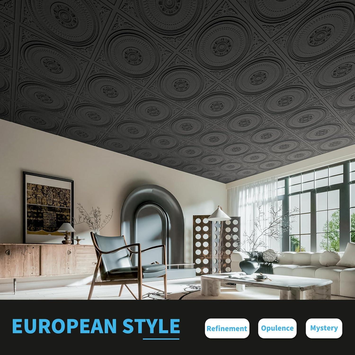 imageArt3d 12Pack Drop Ceiling Tiles 2x2 FT Decorative Easy Install PVC Ceiling Panels for Interior Kitchen Bathroom Basement 24x24 Inch WhiteBlack