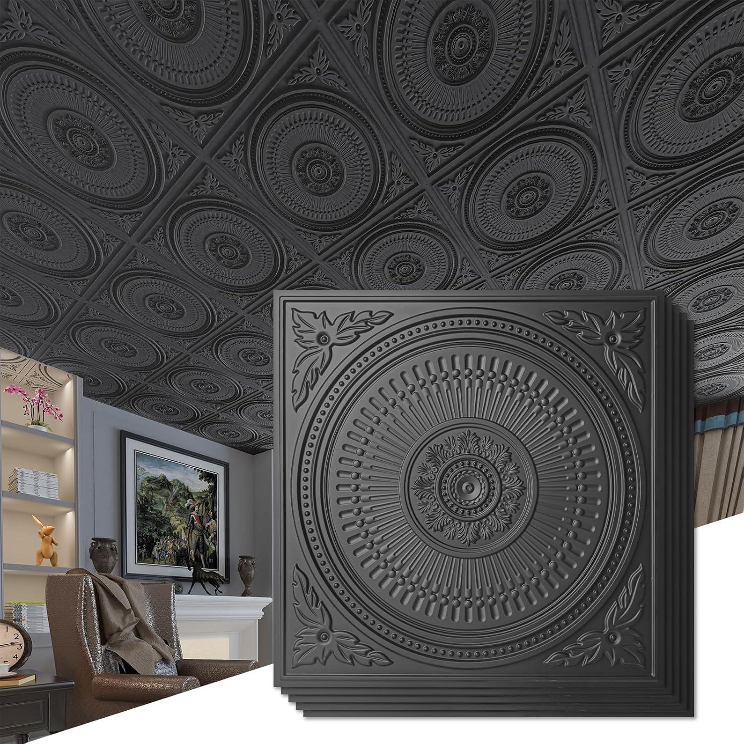 imageArt3d 12Pack Drop Ceiling Tiles 2x2 FT Decorative Easy Install PVC Ceiling Panels for Interior Kitchen Bathroom Basement 24x24 Inch WhiteBlack