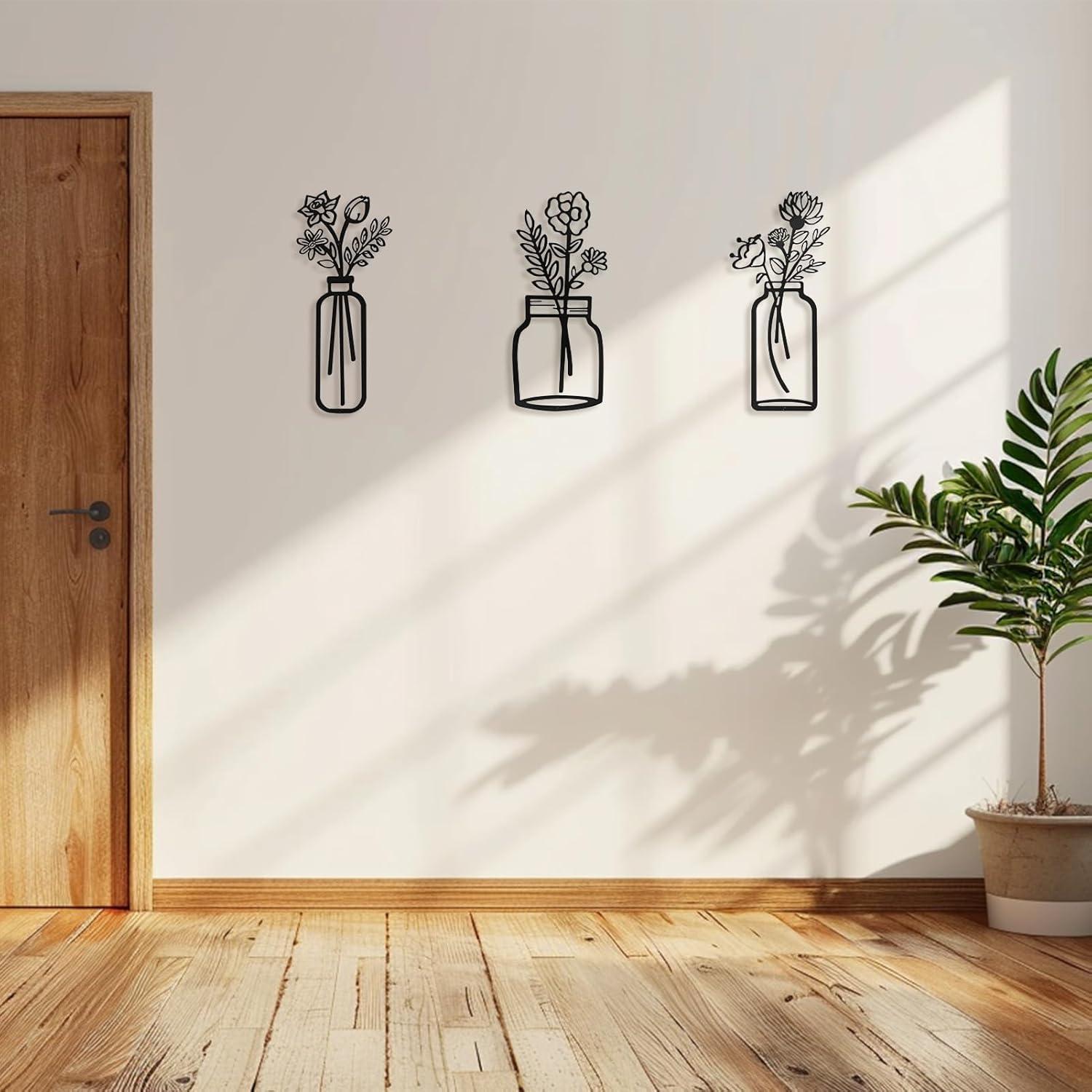 imageArt3d Metal Wall Art Set of 3 Black Wall Decor for Bedroom Living Room office Study Hallway Flower Pattern Minimalist Metal Wall Sculptures