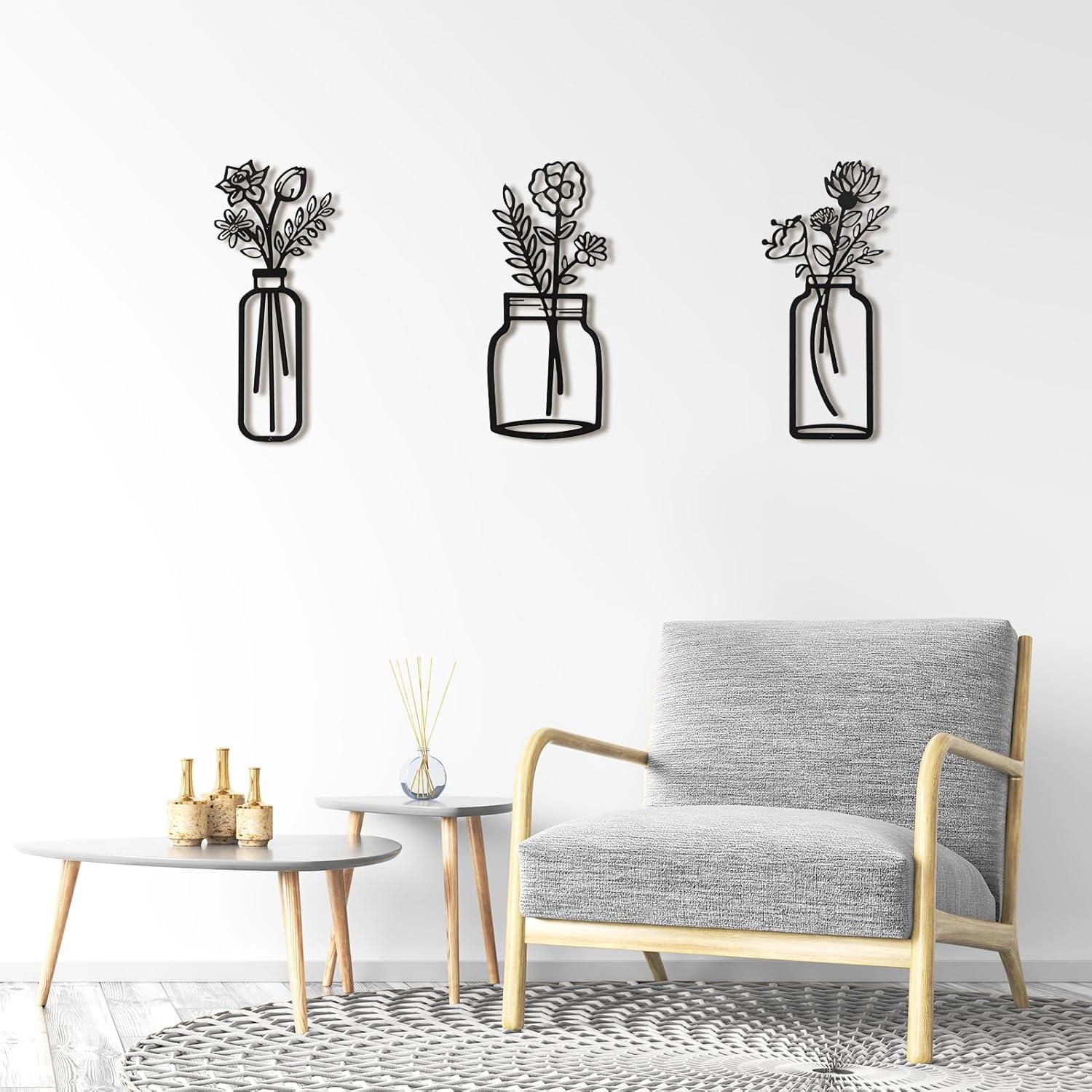 imageArt3d Metal Wall Art Set of 3 Black Wall Decor for Bedroom Living Room office Study Hallway Flower Pattern Minimalist Metal Wall Sculptures