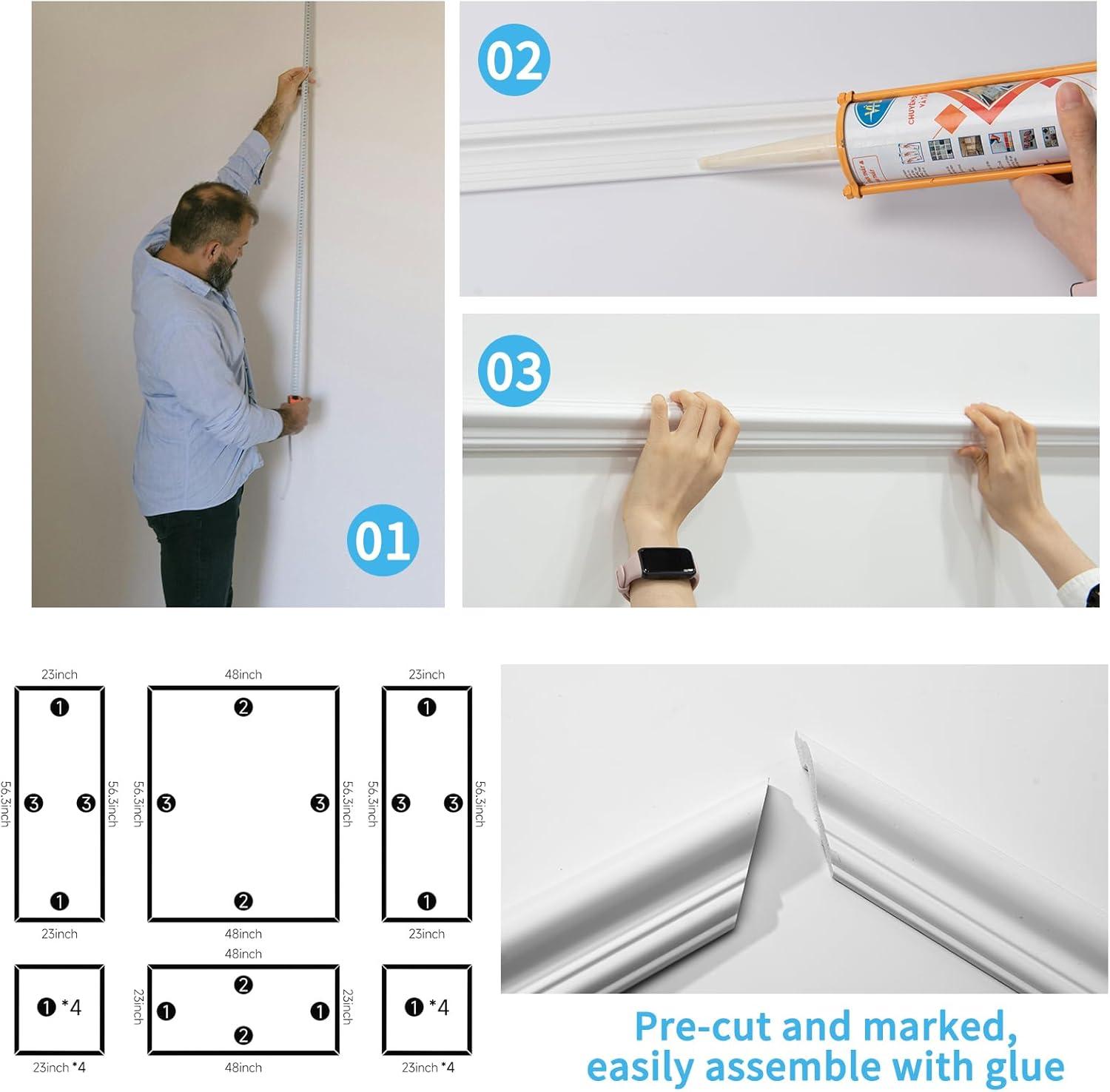 imageArt3d PreCut Wall Molding Set of 6 pcs ReadytoAssemble Wainscoting Panels for Interior Wall Dcor Living Room Bedroom Accent Wall  Installed with Glue 3 Top 3 BottomWhite Style 2