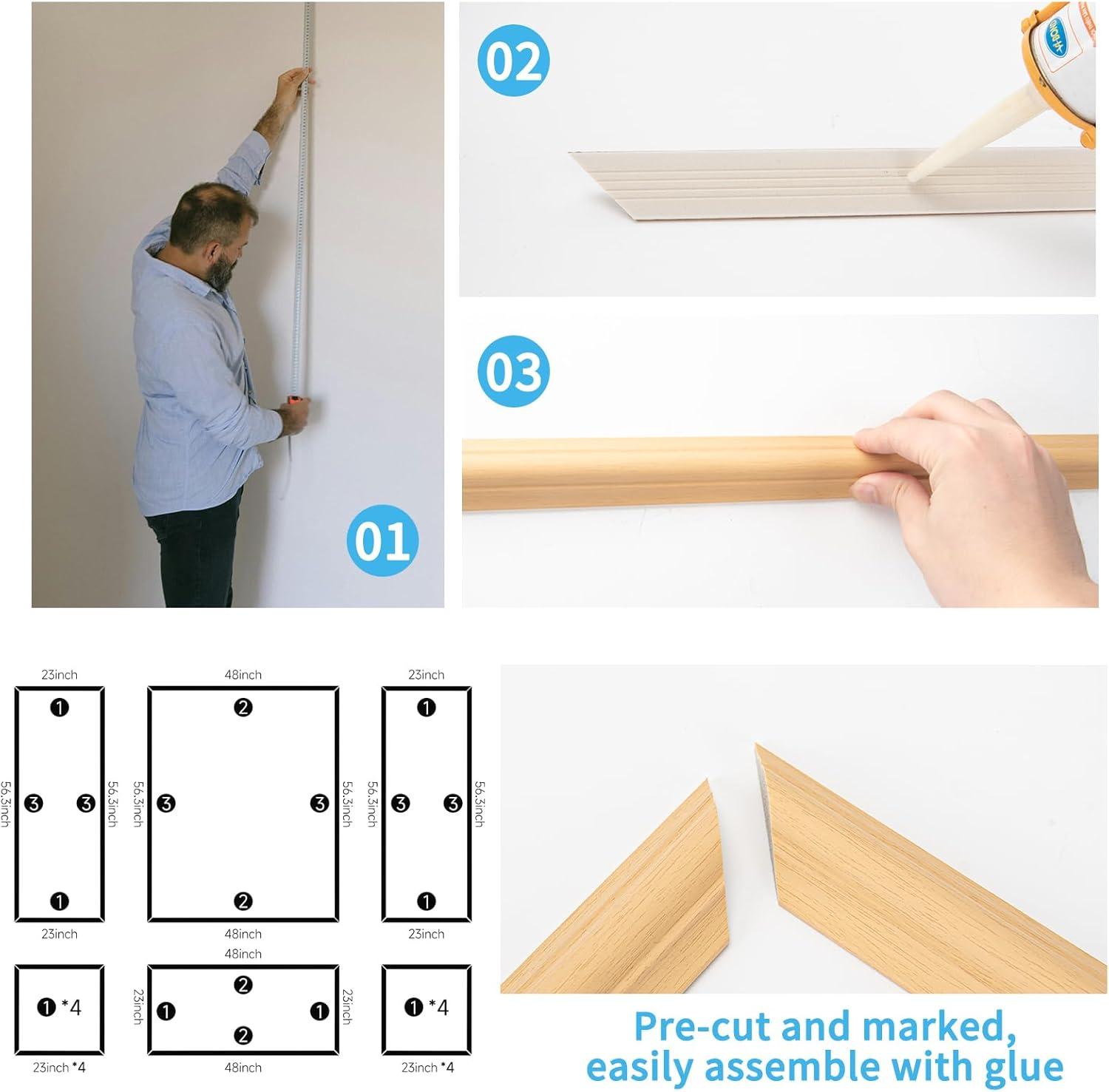 imageArt3d PreCut Wall Molding Set of 6 pcs ReadytoAssemble Wainscoting Panels for Interior Wall Dcor Living Room Bedroom Accent Wall  Installed with Glue 3 Top 3 BottomOak Style 1