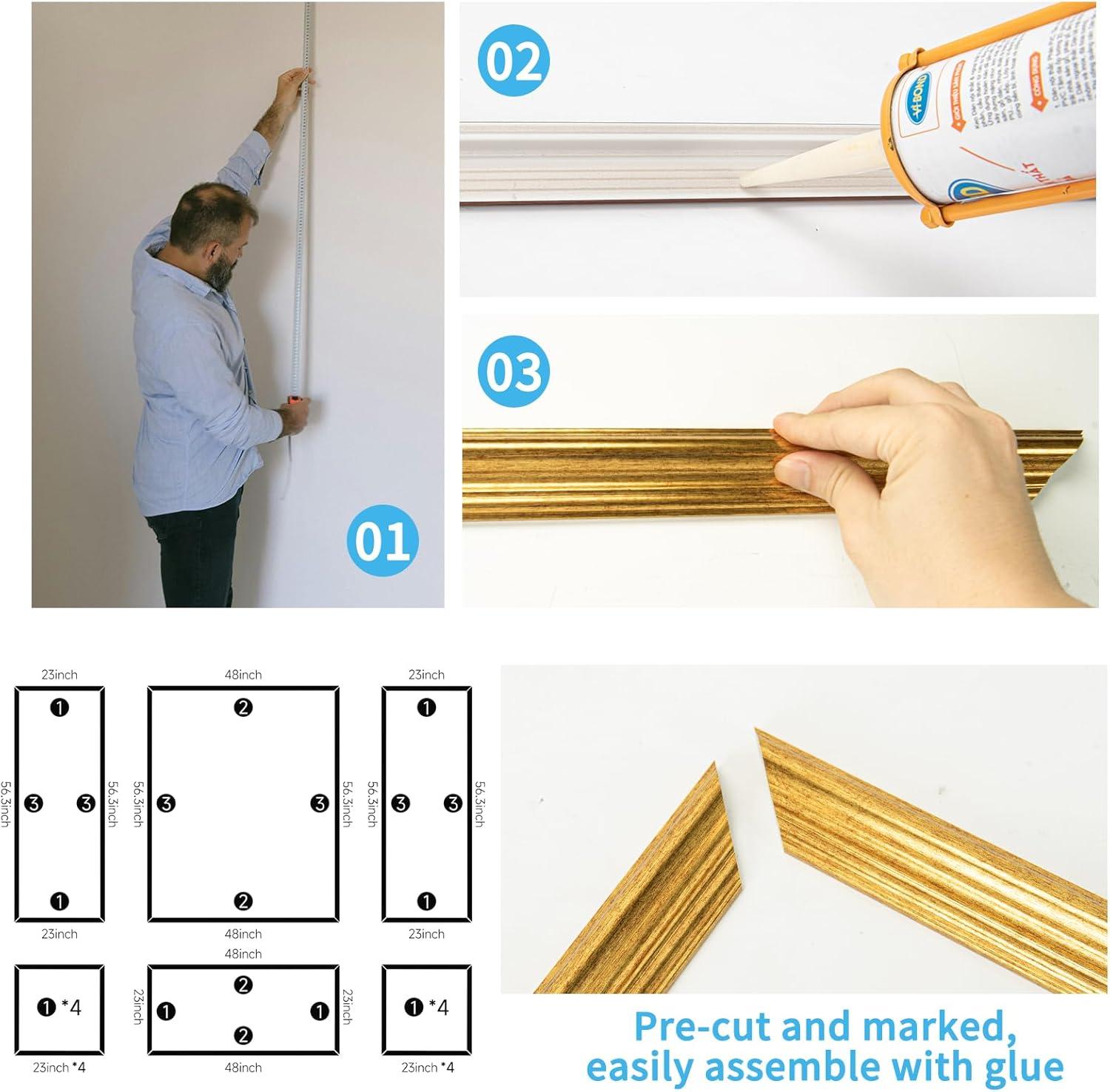 imageArt3d PreCut Wall Molding Set of 6 pcs ReadytoAssemble Wainscoting Panels for Interior Wall Dcor Living Room Bedroom Accent Wall  Installed with Glue 3 Top 3 BottomAntique Gold Style 2
