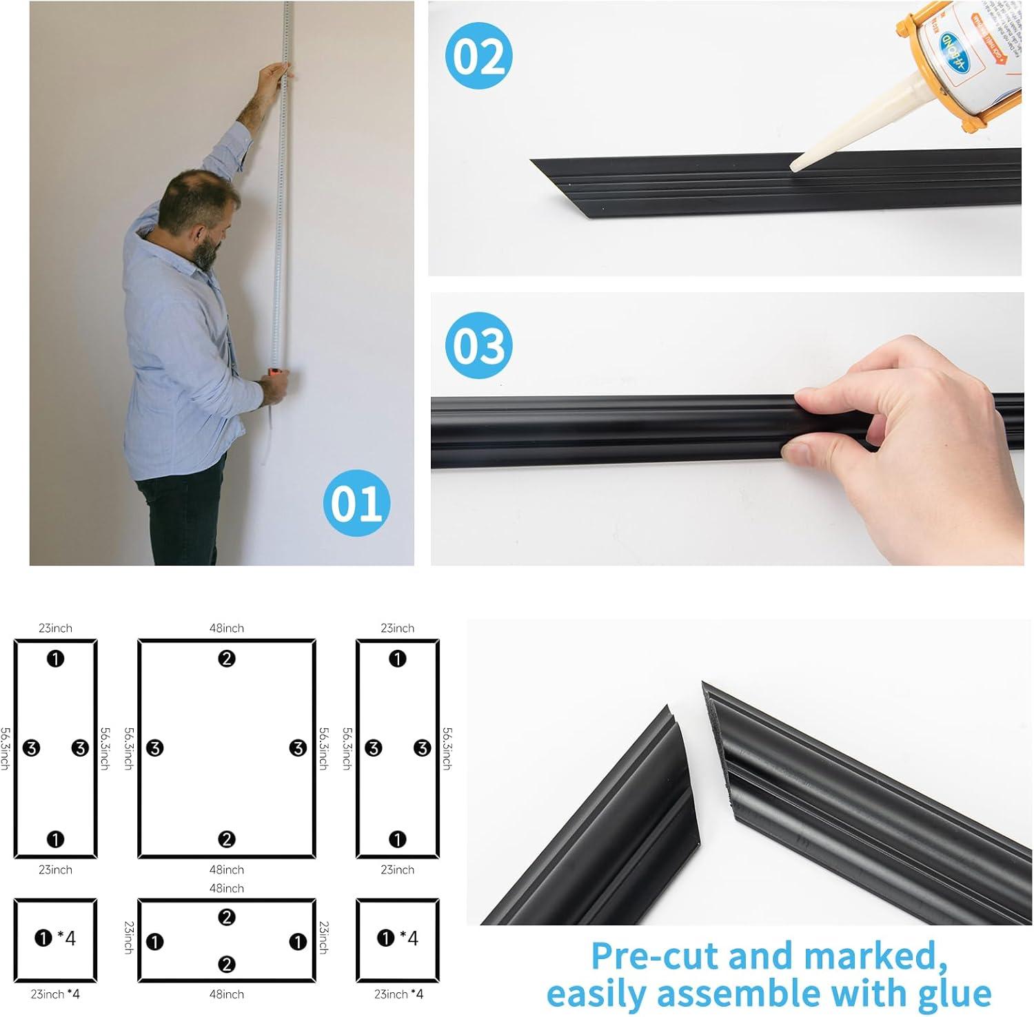 imageArt3d PreCut Wall Molding Set of 6 pcs ReadytoAssemble Wainscoting Panels for Interior Wall Dcor Living Room Bedroom Accent Wall  Installed with Glue 3 Top 3 BottomBlack Style 1