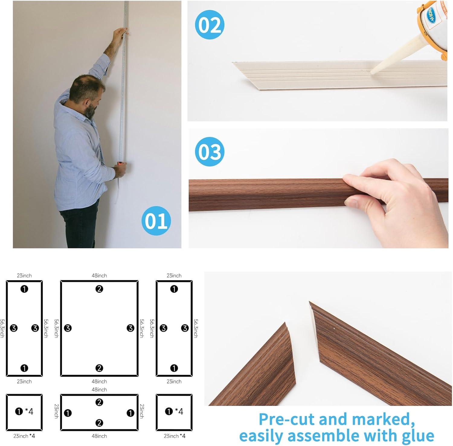 imageArt3d PreCut Wall Molding Set of 6 pcs ReadytoAssemble Wainscoting Panels for Interior Wall Dcor Living Room Bedroom Accent Wall  Installed with Glue 3 Top 3 BottomWalnut Style 1