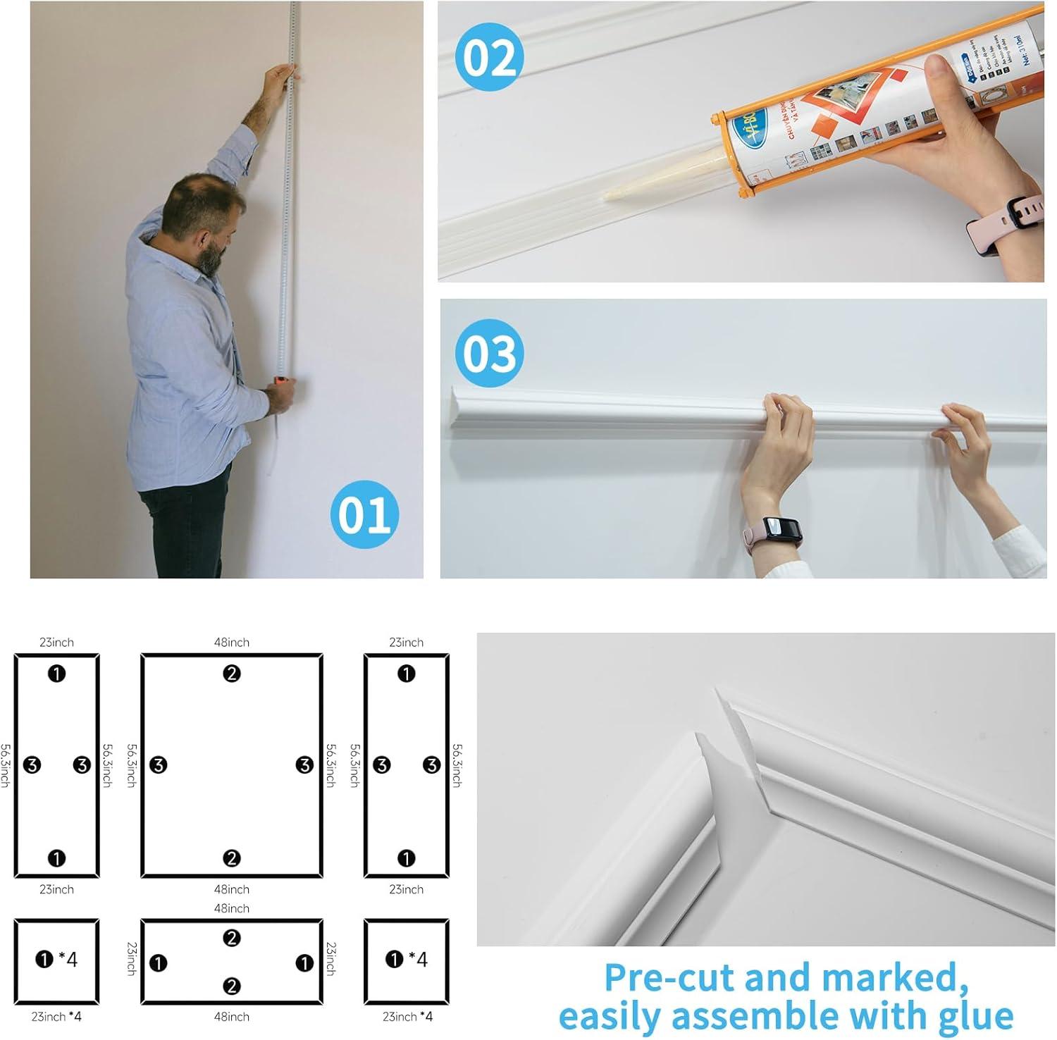 imageArt3d PreCut Wall Molding Set of 6 pcs ReadytoAssemble Wainscoting Panels for Interior Wall Dcor Living Room Bedroom Accent Wall  Installed with Glue 3 Top 3 BottomWhite Style 1