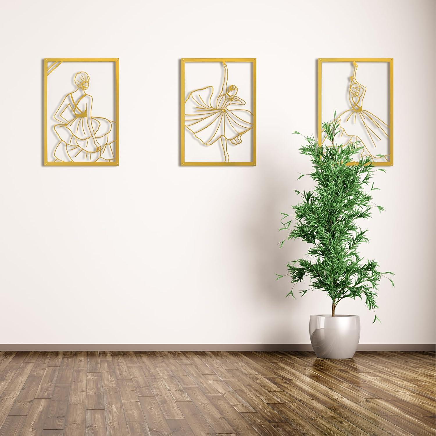 imageArt3d Set of 3 Black Metal Wall art Wall Decor for Living roomDining RoomHallway Dance Room Line Art Wall DcorDancer theme Wall Art StyleGold