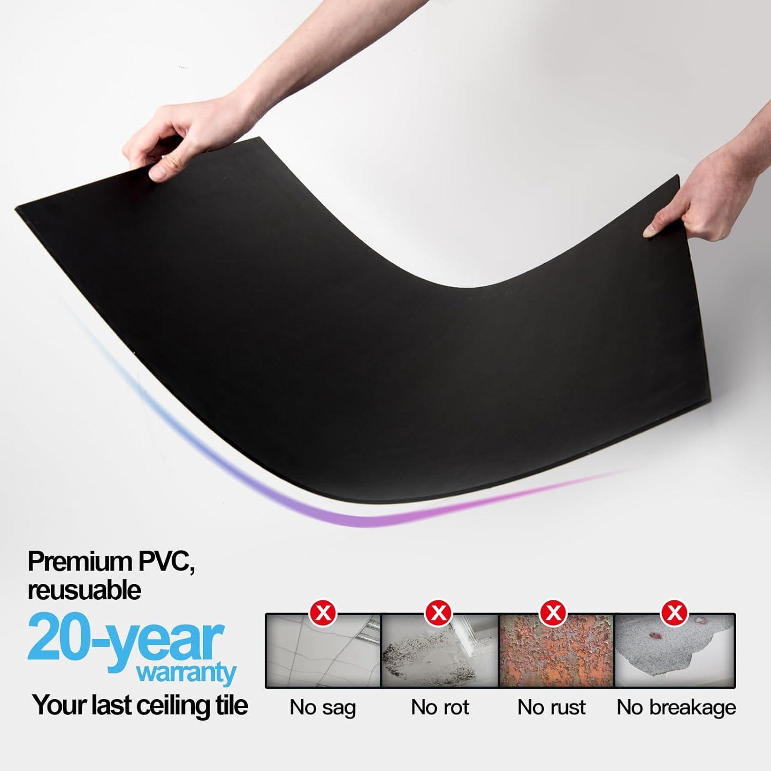 imageArt3d 12Pack Smooth Drop Ceiling Tile 2ft x 2ft  FireRated Waterproof Reusable  Premium PVC No Sag and Breakage  Cover 48 Sq Ft BlackRectangle Black