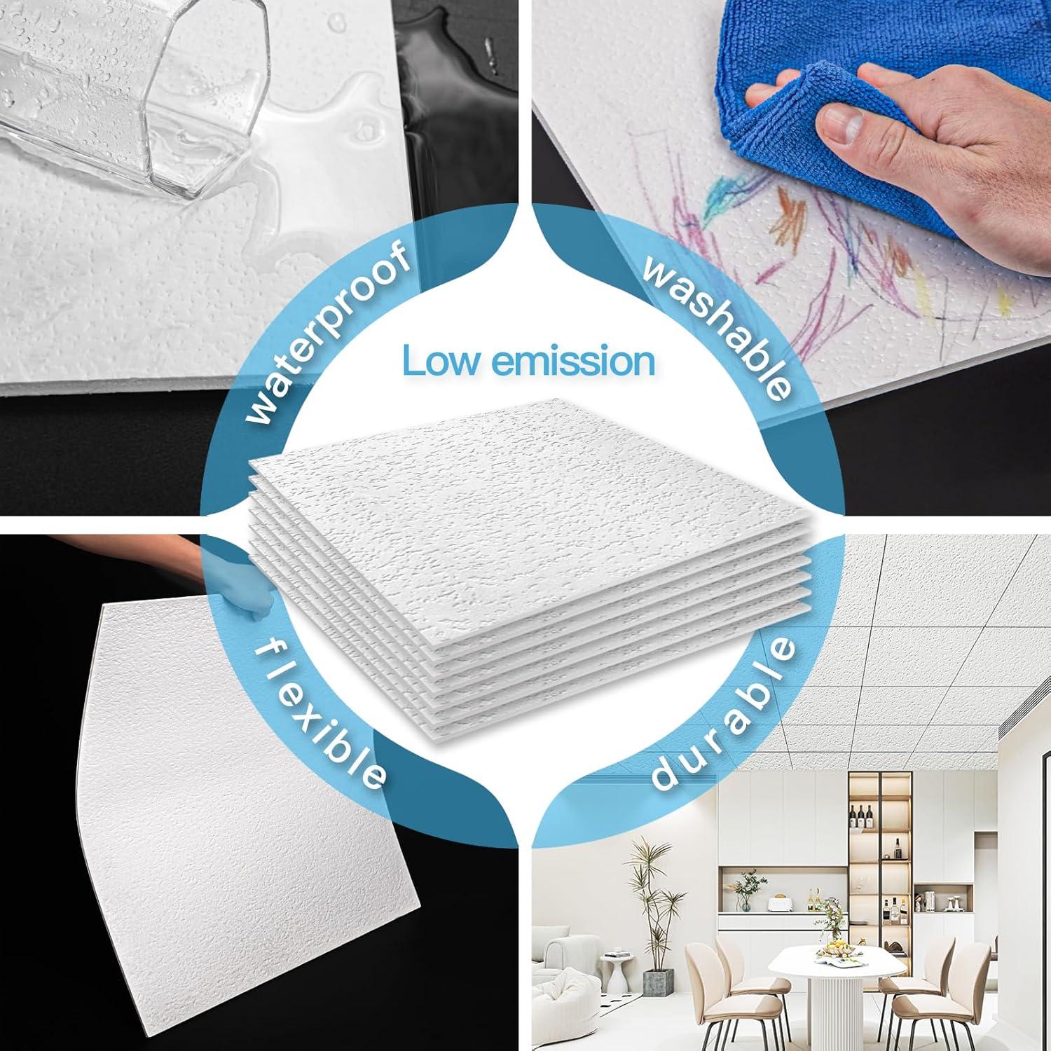 imageArt3d 12Pack Smooth Drop Ceiling Tile 2ft x 2ft  FireRated Waterproof Reusable  Premium PVC No Sag and Breakage  Cover 48 Sq Ft BlackSquare Stucco White