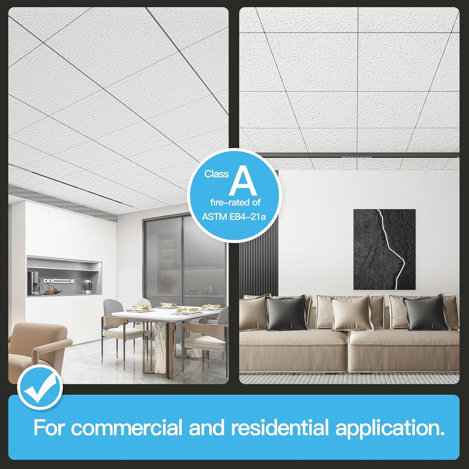 imageArt3d 12Pack Smooth Drop Ceiling Tile 2ft x 2ft  FireRated Waterproof Reusable  Premium PVC No Sag and Breakage  Cover 48 Sq Ft BlackSquare Stucco White