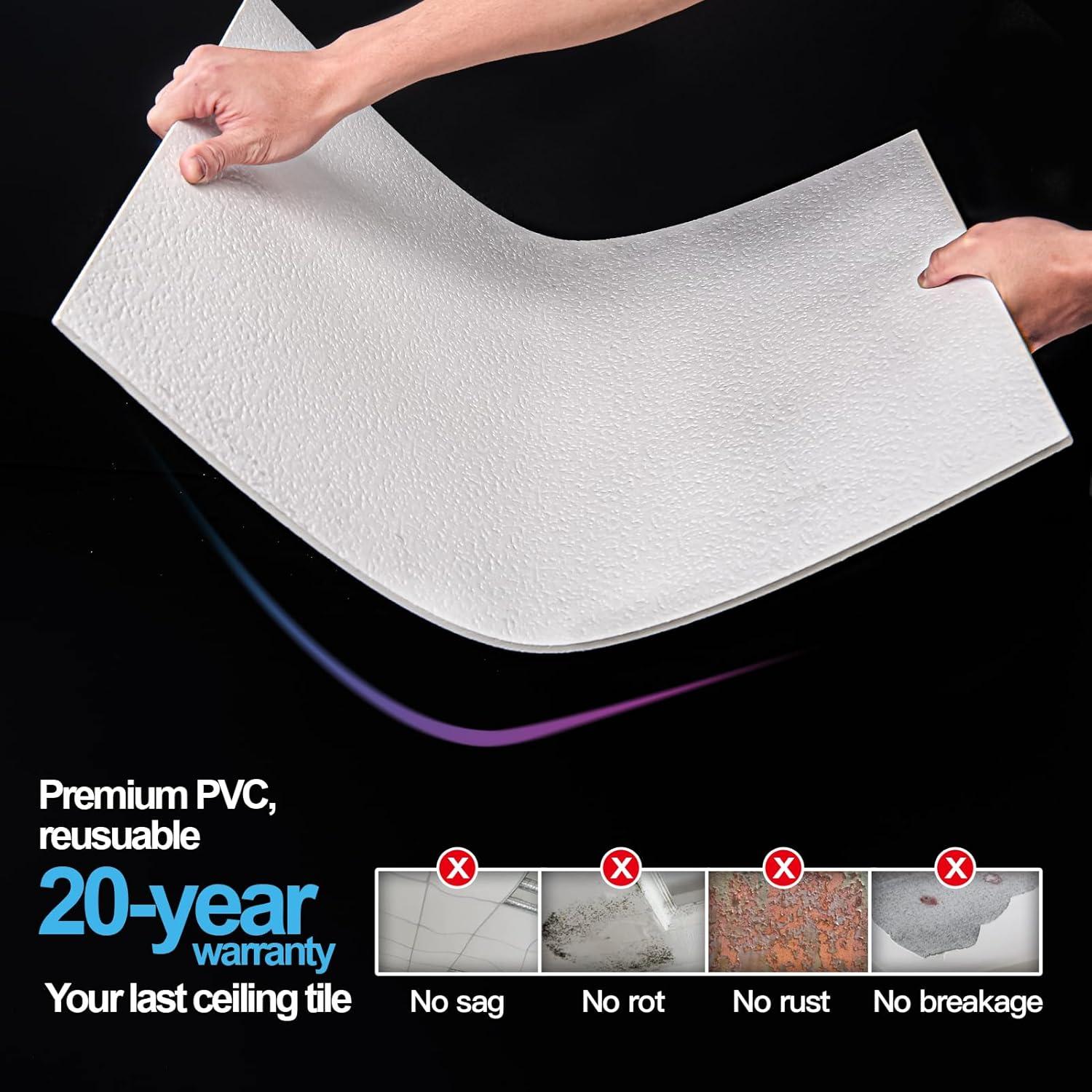 imageArt3d 12Pack Smooth Drop Ceiling Tile 2ft x 2ft  FireRated Waterproof Reusable  Premium PVC No Sag and Breakage  Cover 48 Sq Ft BlackSquare Stucco White