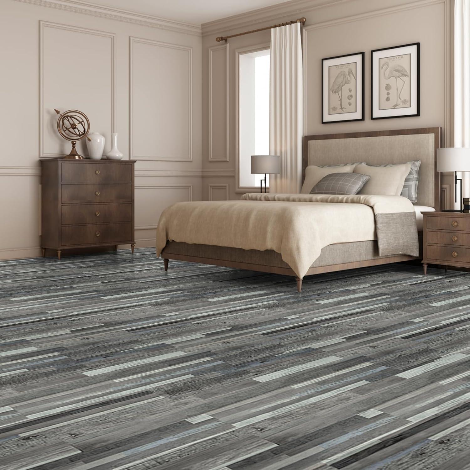 imageArt3d 36Pack 54 Sqft Peel and Stick Floor Tiles Vinyl Plank Flooring Wood Look Adhesive and Waterproof Tile Sticker for Bedroom Living Room Kitchen RV in EbonyGrey
