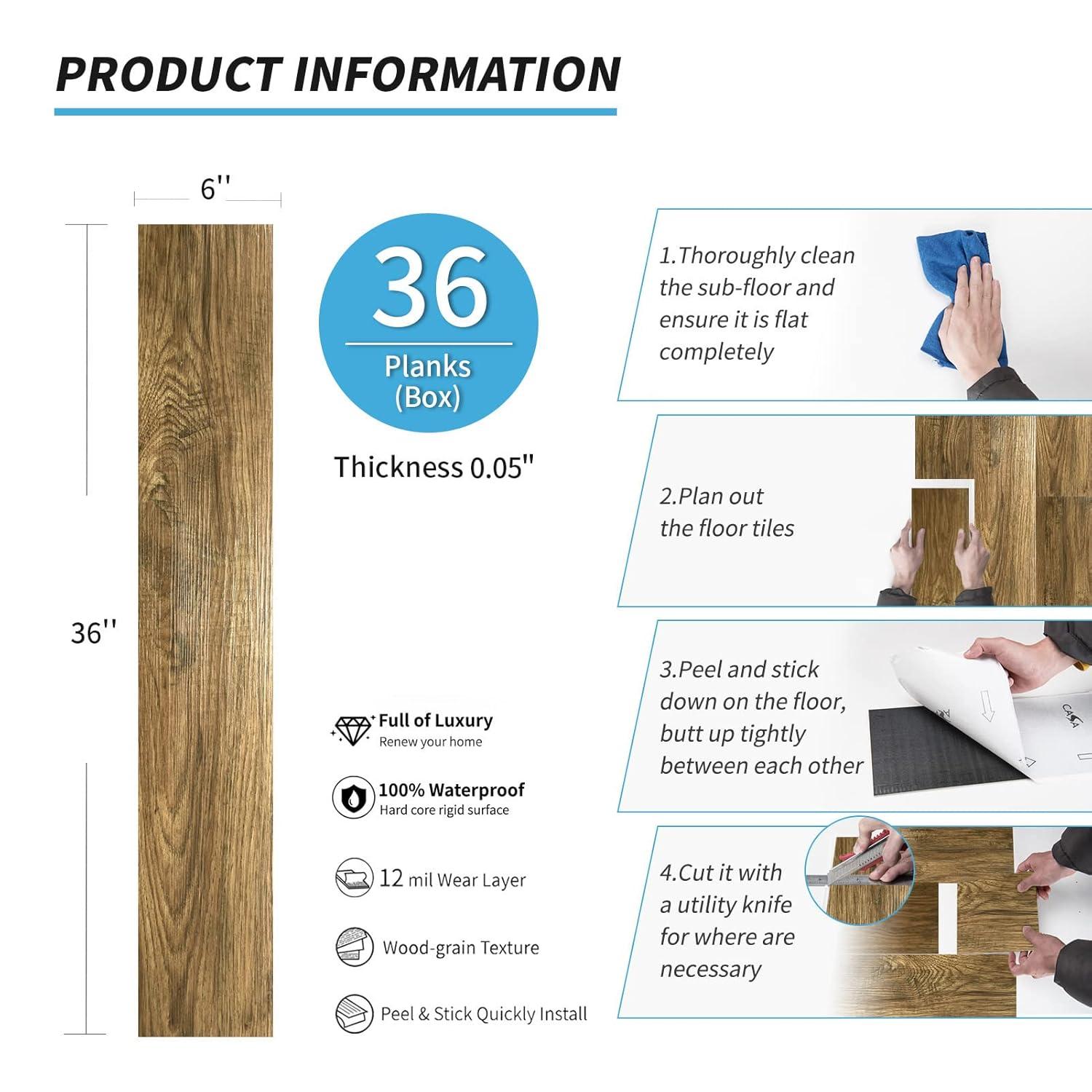 imageArt3d 36Pack 54 Sqft Peel and Stick Floor Tiles Vinyl Plank Flooring Wood Look Adhesive and Waterproof Tile Sticker for Bedroom Living Room Kitchen RV in EbonyAshtree