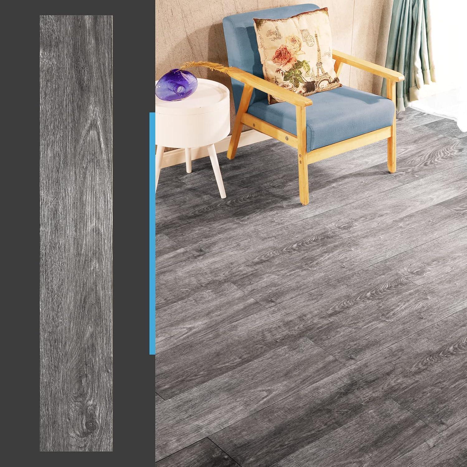 imageArt3d 36Pack 54 Sqft Peel and Stick Floor Tiles Vinyl Plank Flooring Wood Look Adhesive and Waterproof Tile Sticker for Bedroom Living Room Kitchen RV in EbonyEbony