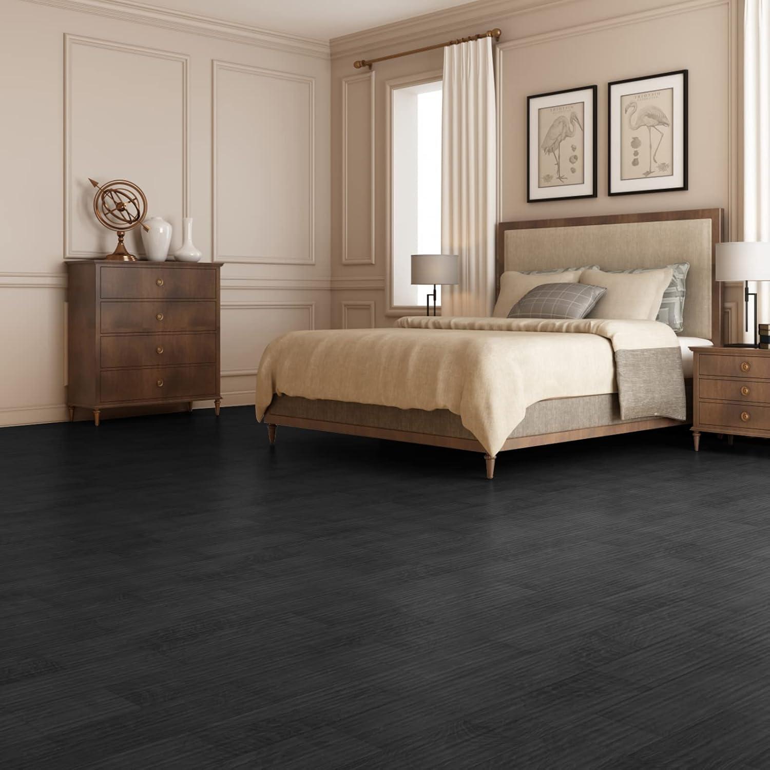 imageArt3d 36Pack 54 Sqft Peel and Stick Floor Tiles Vinyl Plank Flooring Wood Look Adhesive and Waterproof Tile Sticker for Bedroom Living Room Kitchen RV in EbonyBlack