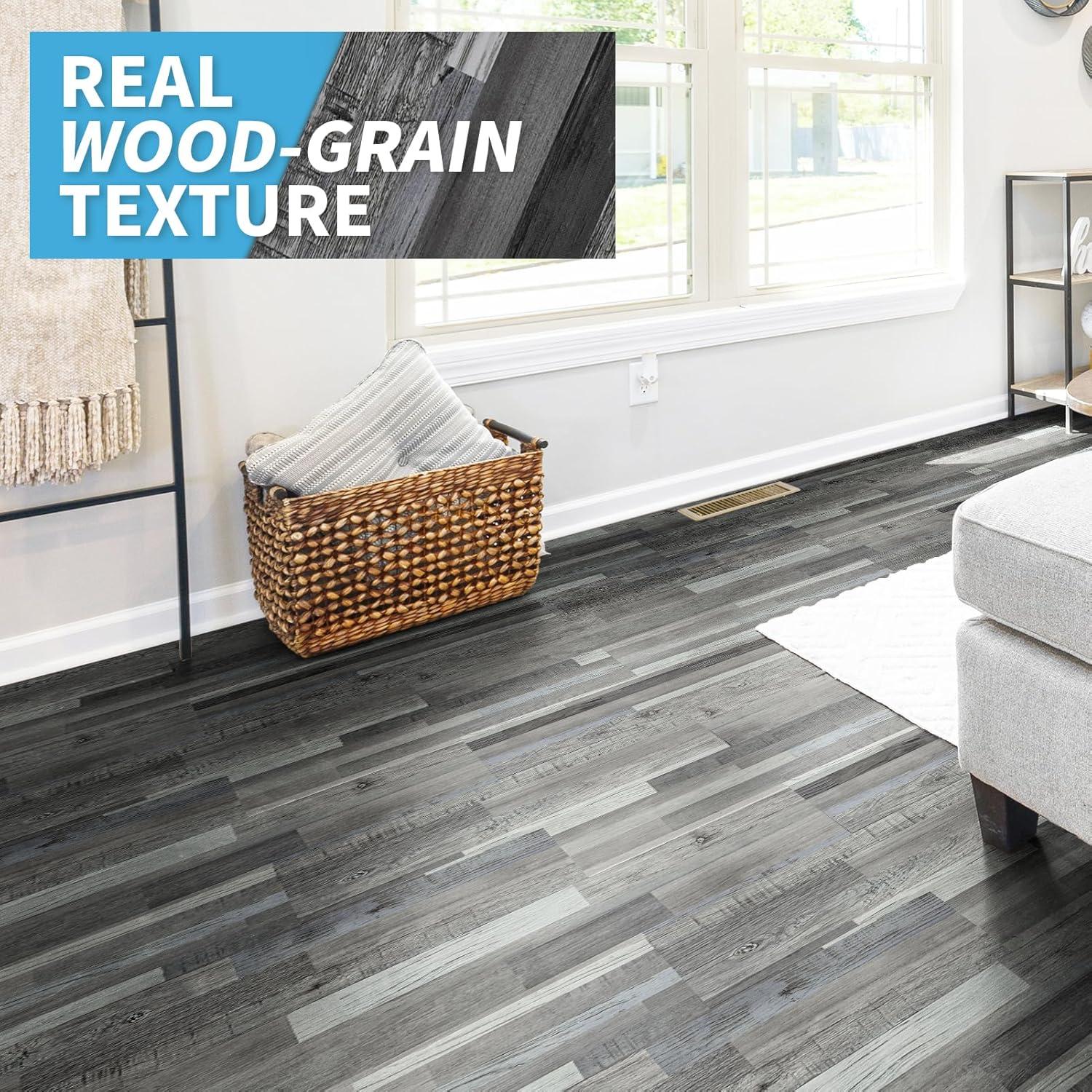 imageArt3d 36Pack 54 Sqft Peel and Stick Floor Tiles Vinyl Plank Flooring Wood Look Adhesive and Waterproof Tile Sticker for Bedroom Living Room Kitchen RV in EbonyGrey