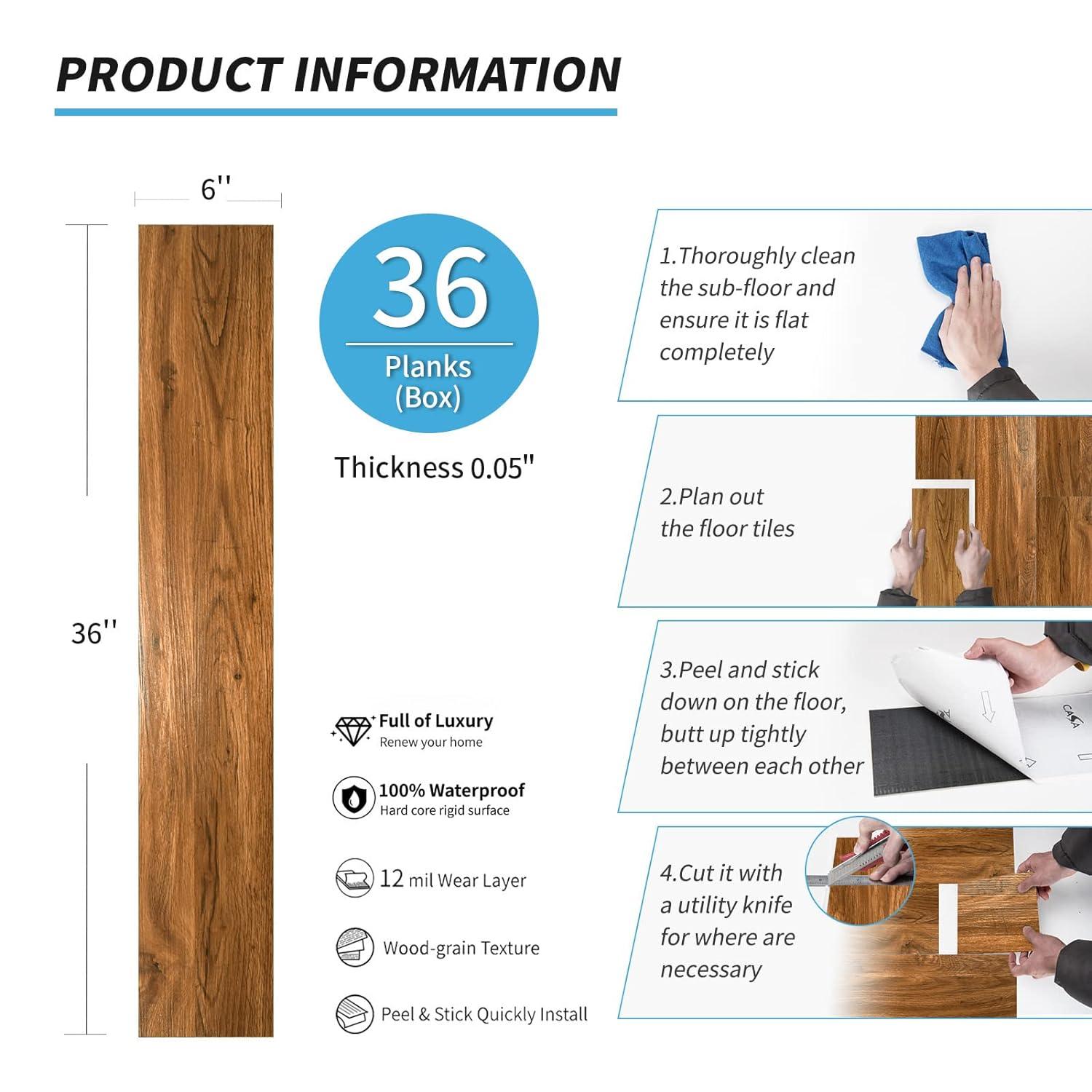 imageArt3d 36Pack 54 Sqft Peel and Stick Floor Tiles Vinyl Plank Flooring Wood Look Adhesive and Waterproof Tile Sticker for Bedroom Living Room Kitchen RV in EbonyRosewood