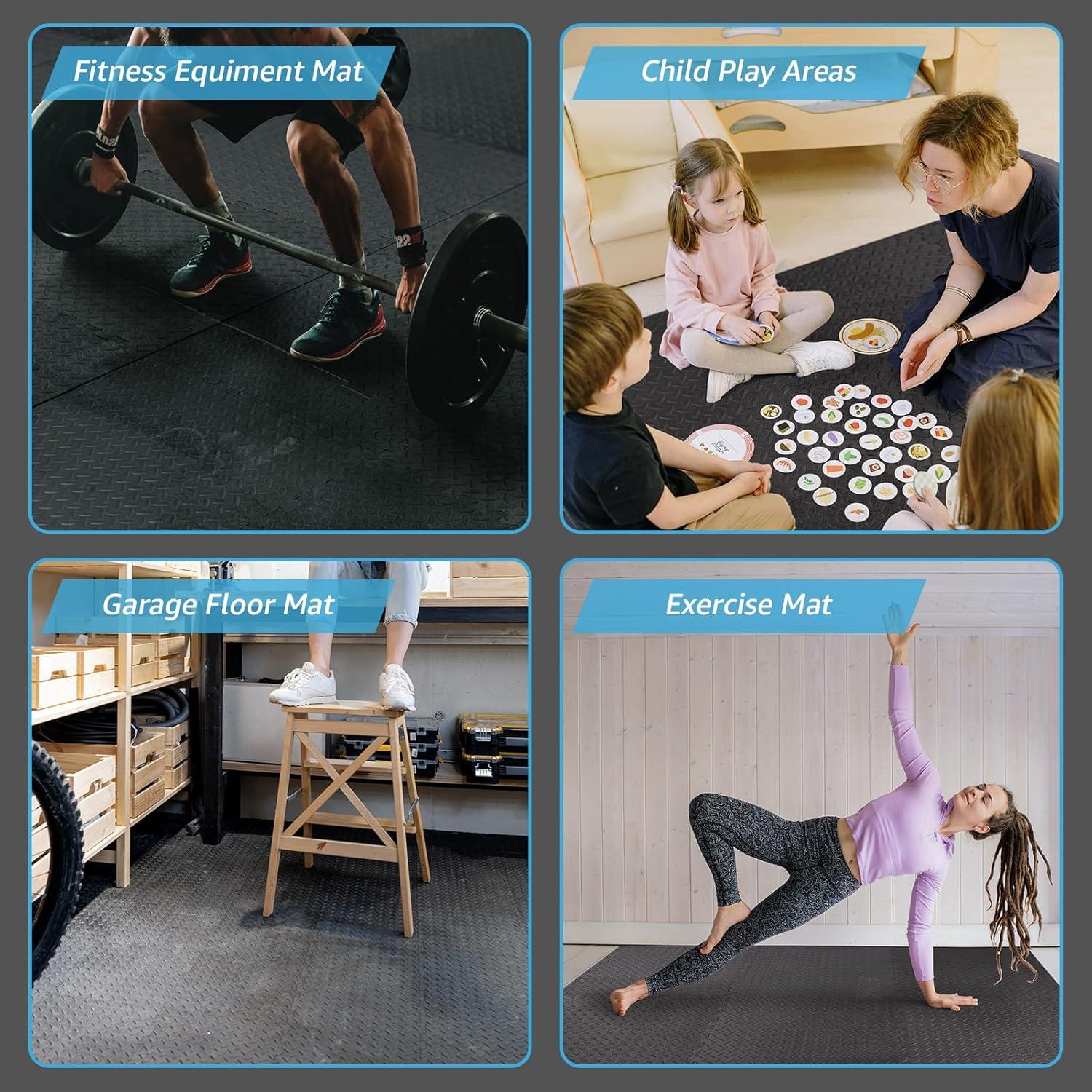 imageArt3d 48 SqFt Eva Puzzle Exercise Mats 24quotx24quot x 12quot Thick Foam Interlocking Tiles for Flooring Workout Gym Equipments Pack of 12Black  12 Tiles  48 Sq Ft  12 Inch