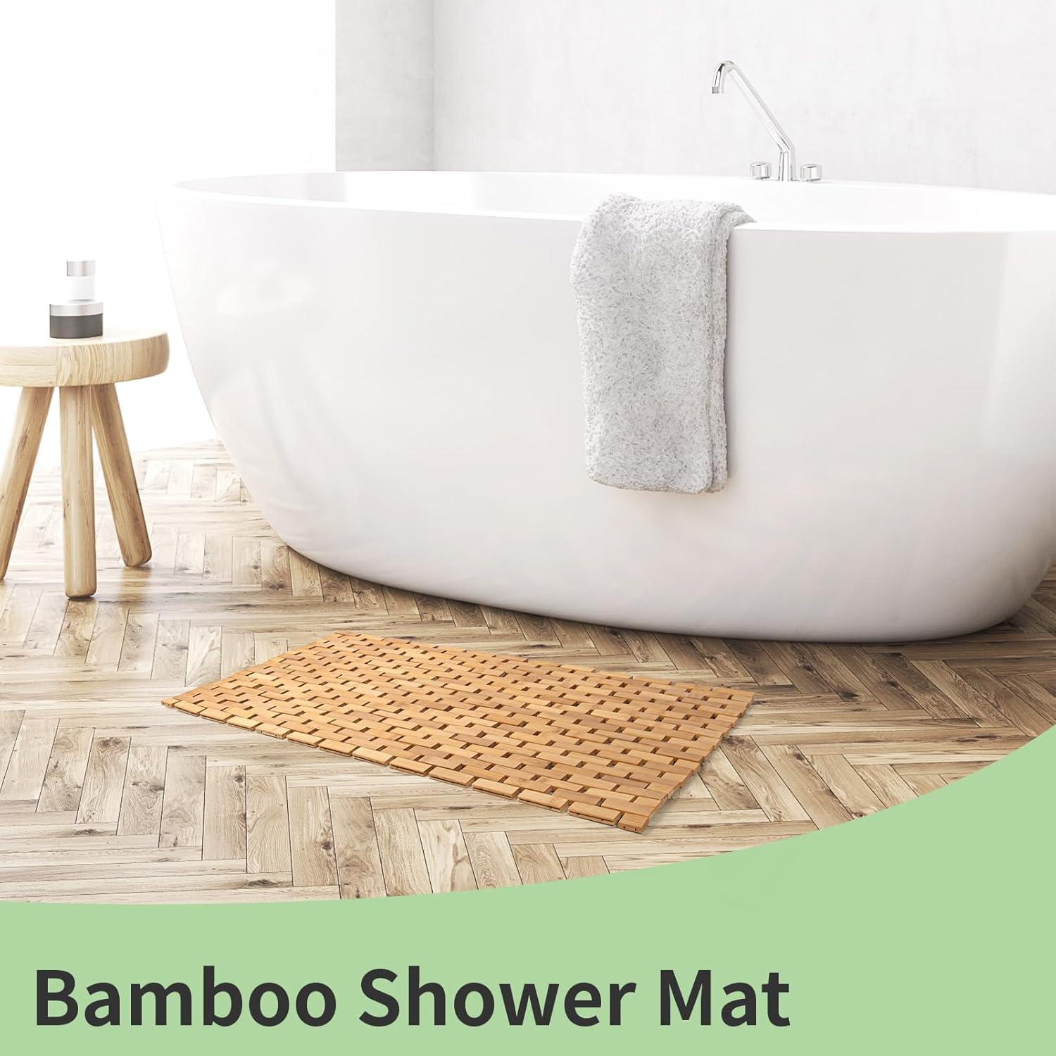 imageArt3d Bamboo Shower Mat for Bathroom Sauna Spa or Outdoor Use NonSlip 24x16 Inch Natural Teak Floor Mat WaterResistant Bath Accessory for Shower Poolside or Wet Surfaces236 x 165 Rectangular