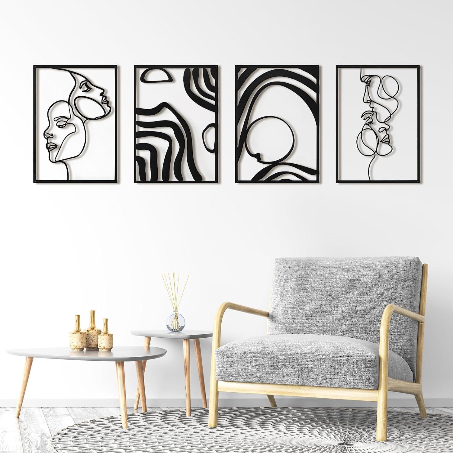 imageArt3d Black Metal Wall art 4 Pieces Wall Decor for Living Room Bedroom Hallway Hotel Natural Mountain Pattern Wall Art Style Line Art Wall DcorBlack