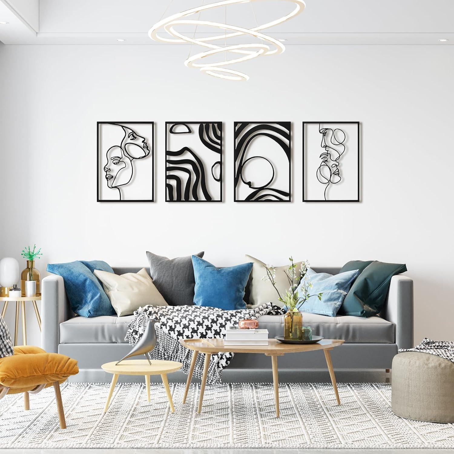 imageArt3d Black Metal Wall art 4 Pieces Wall Decor for Living Room Bedroom Hallway Hotel Natural Mountain Pattern Wall Art Style Line Art Wall DcorBlack