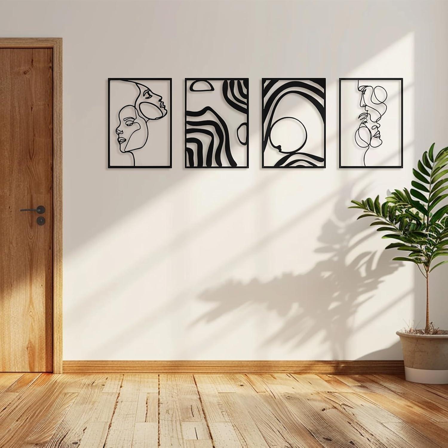 imageArt3d Black Metal Wall art 4 Pieces Wall Decor for Living Room Bedroom Hallway Hotel Natural Mountain Pattern Wall Art Style Line Art Wall DcorBlack