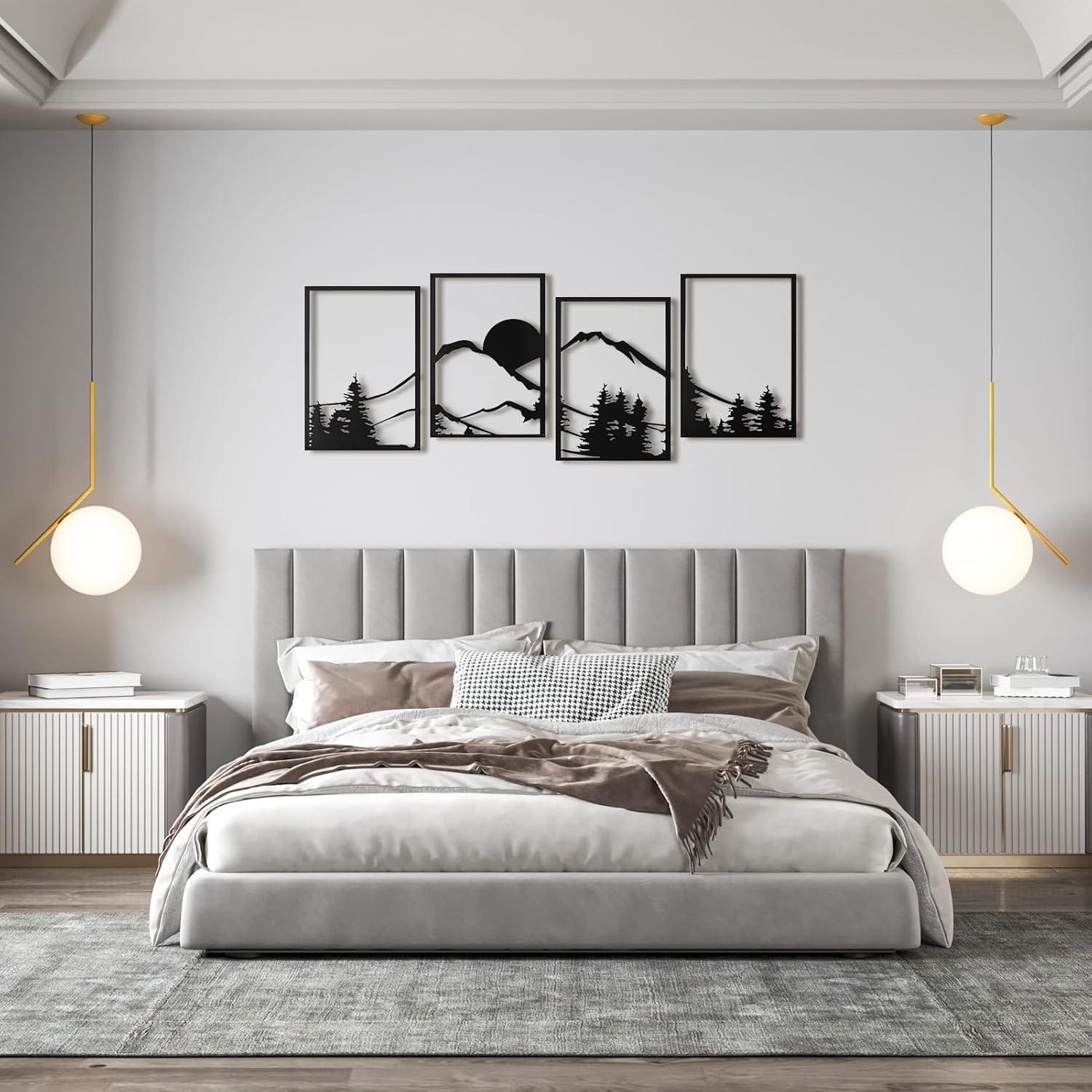 imageArt3d Black Metal Wall art 4 Pieces Wall Decor for Living Room Bedroom Hallway Hotel Natural Mountain Pattern Wall Art Style Line Art Wall DcorBlackMountain