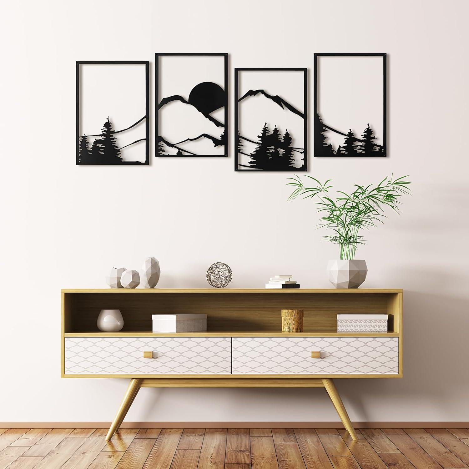 imageArt3d Black Metal Wall art 4 Pieces Wall Decor for Living Room Bedroom Hallway Hotel Natural Mountain Pattern Wall Art Style Line Art Wall DcorBlackMountain