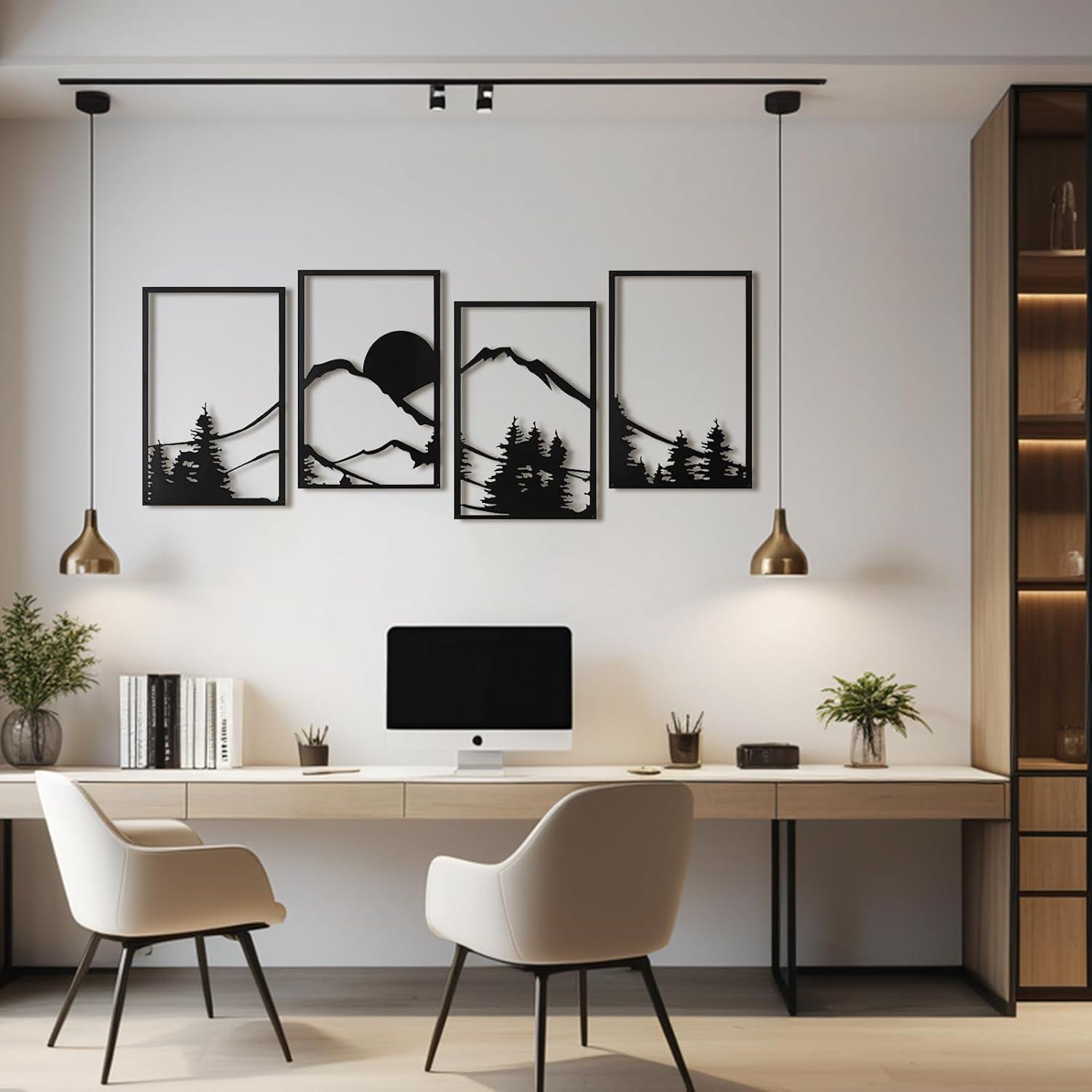 imageArt3d Black Metal Wall art 4 Pieces Wall Decor for Living Room Bedroom Hallway Hotel Natural Mountain Pattern Wall Art Style Line Art Wall DcorBlackMountain