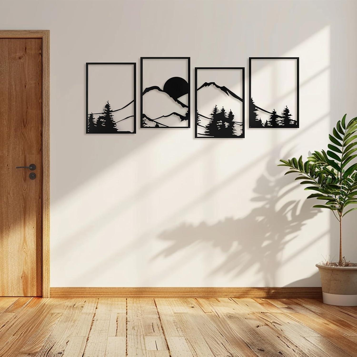 imageArt3d Black Metal Wall art 4 Pieces Wall Decor for Living Room Bedroom Hallway Hotel Natural Mountain Pattern Wall Art Style Line Art Wall DcorBlackMountain