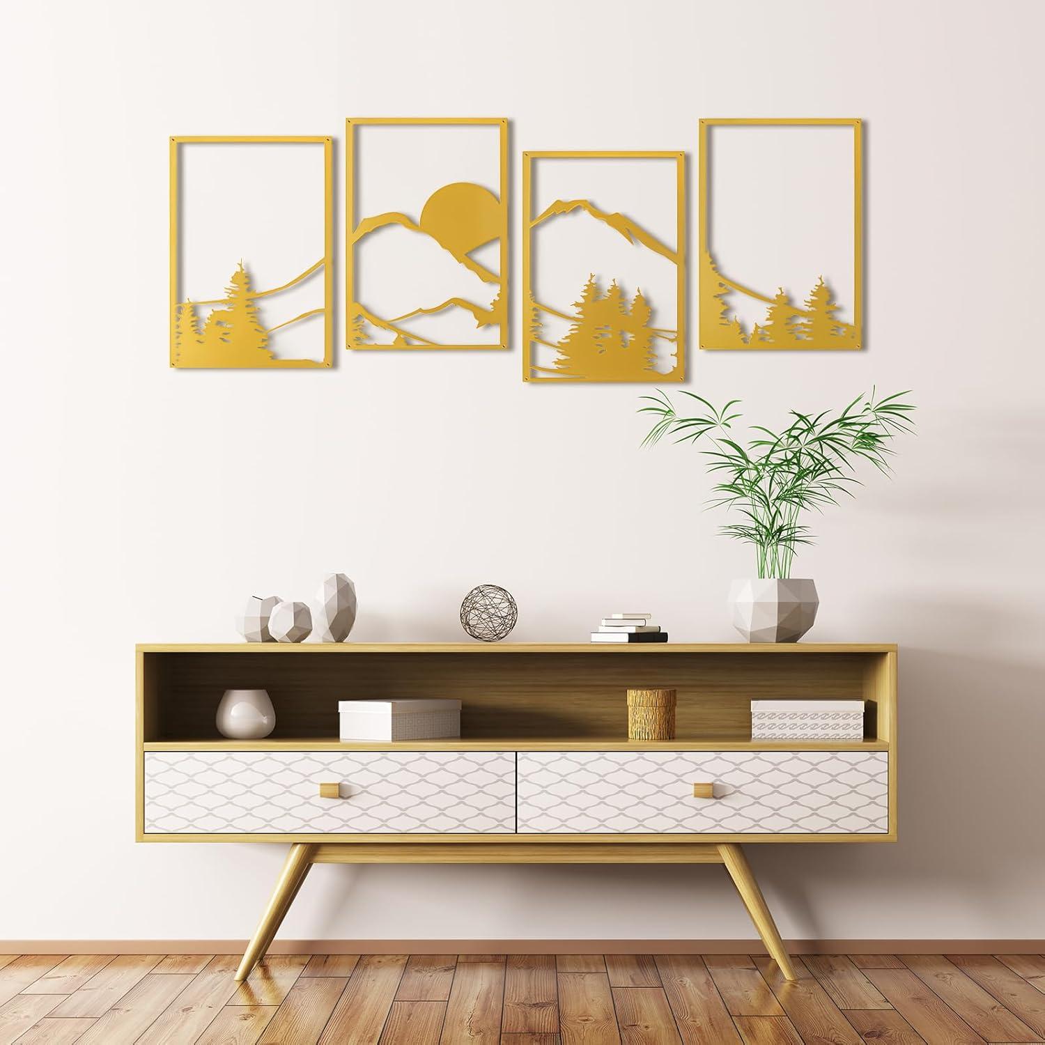 imageArt3d Black Metal Wall art 4 Pieces Wall Decor for Living Room Bedroom Hallway Hotel Natural Mountain Pattern Wall Art Style Line Art Wall DcorGoldMountain