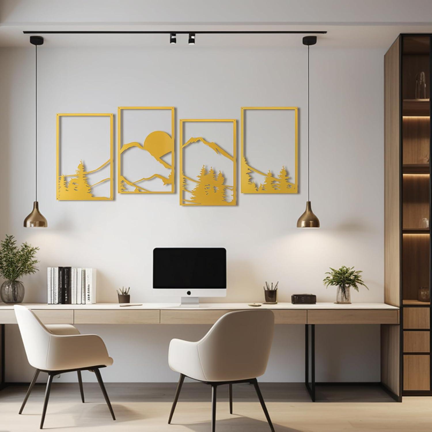 imageArt3d Black Metal Wall art 4 Pieces Wall Decor for Living Room Bedroom Hallway Hotel Natural Mountain Pattern Wall Art Style Line Art Wall DcorGoldMountain