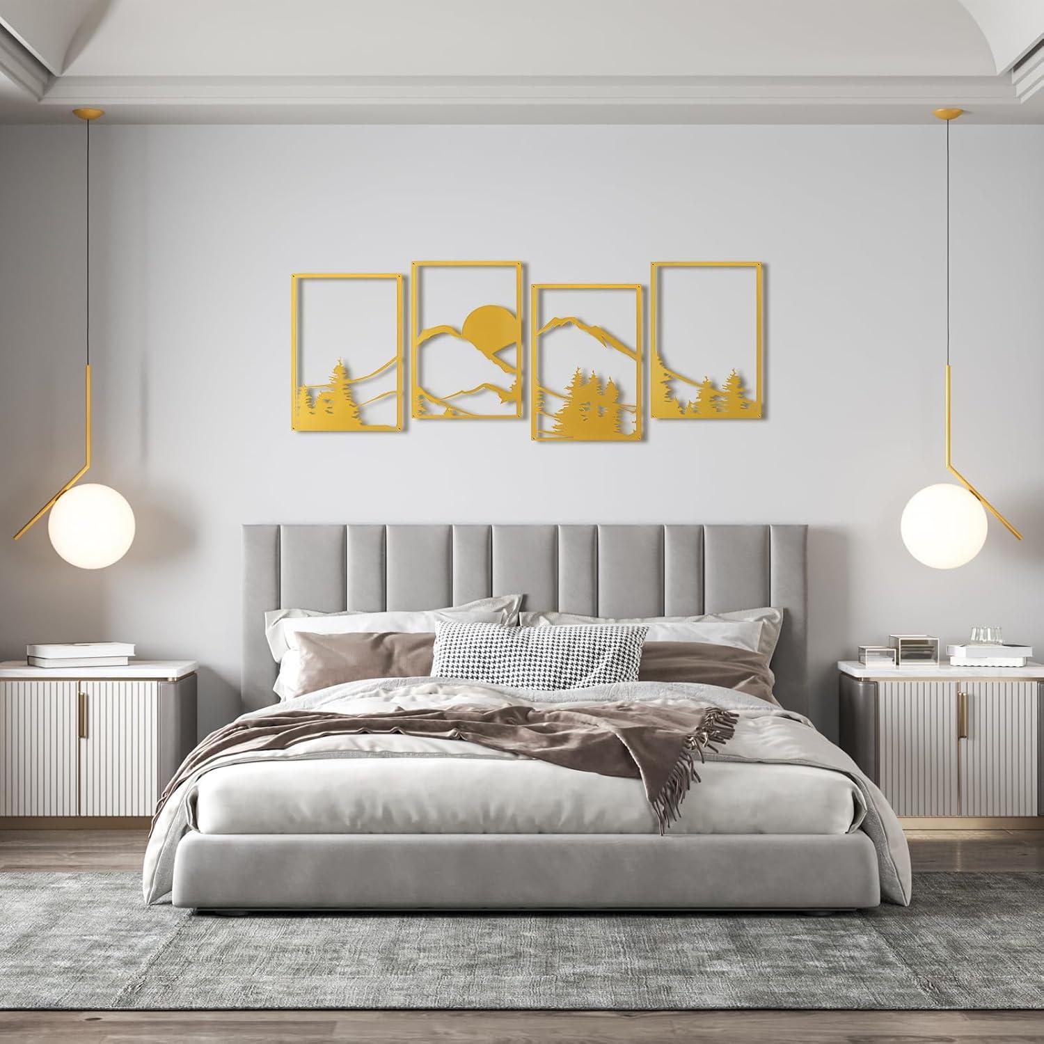 imageArt3d Black Metal Wall art 4 Pieces Wall Decor for Living Room Bedroom Hallway Hotel Natural Mountain Pattern Wall Art Style Line Art Wall DcorGoldMountain