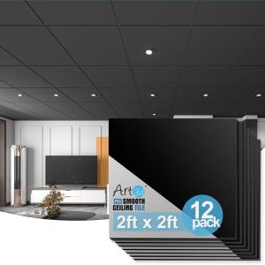 imageArt3d 12Pack Smooth Drop Ceiling Tile 2ft x 2ft  FireRated Waterproof Reusable  Premium PVC No Sag and Breakage  Cover 48 Sq Ft BlackBlack1