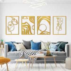 imageArt3d Black Metal Wall art 4 Pieces Wall Decor for Living Room Bedroom Hallway Hotel Natural Mountain Pattern Wall Art Style Line Art Wall DcorGold