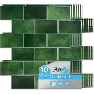 imageArt3d Peel and Stick Backsplash for Kitchen White Subway 10 Tiles Thicker DesignGreen