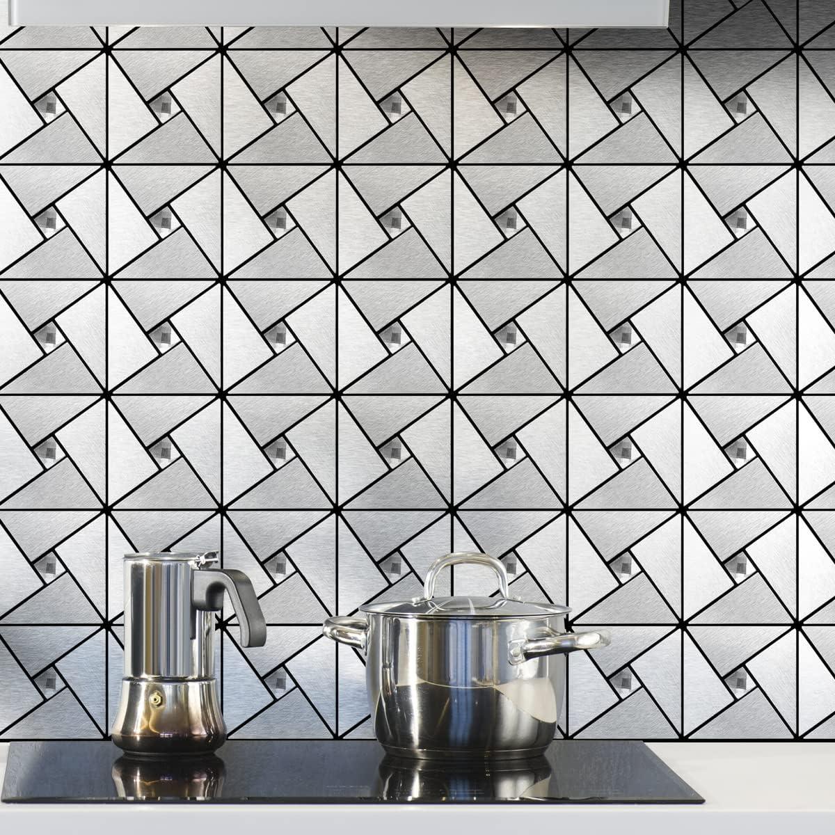 imageArt3d 10Sheet Peel and Stick Backsplash Metal Mosaic Tiles for Kitchen Wall Decor Stick on Aluminum Composite Tiles Stikers Silver Windmill Puzzle Glass Mixed