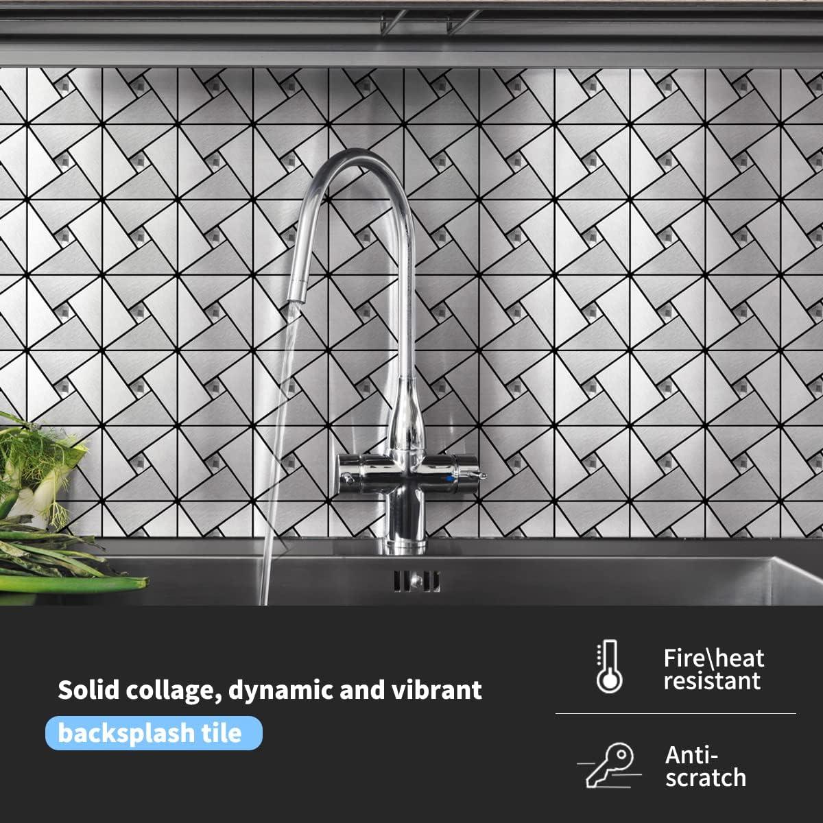 imageArt3d 10Sheet Peel and Stick Backsplash Metal Mosaic Tiles for Kitchen Wall Decor Stick on Aluminum Composite Tiles Stikers Silver Windmill Puzzle Glass Mixed