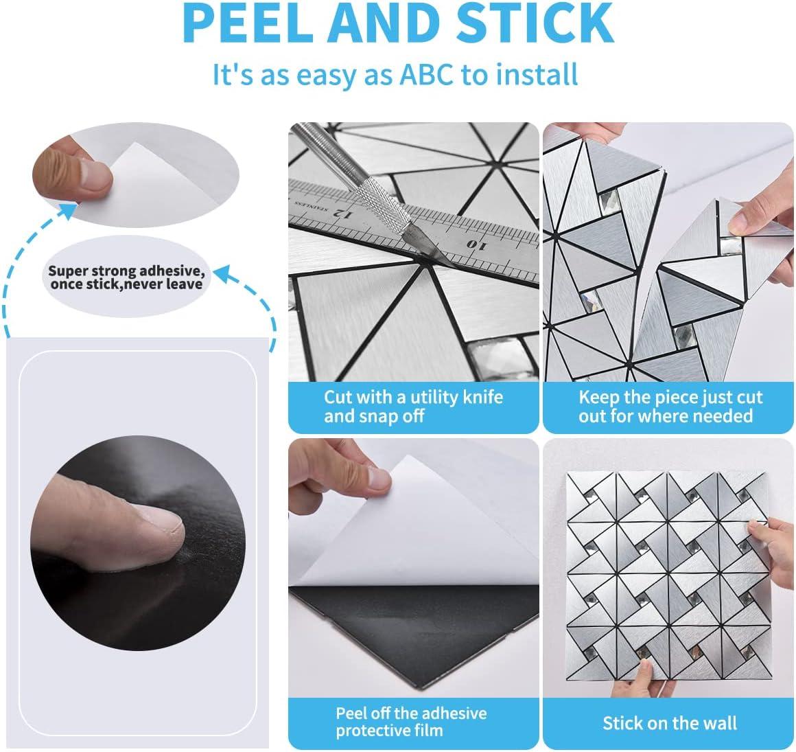 imageArt3d 10Sheet Peel and Stick Backsplash Metal Mosaic Tiles for Kitchen Wall Decor Stick on Aluminum Composite Tiles Stikers Silver Windmill Puzzle Glass Mixed