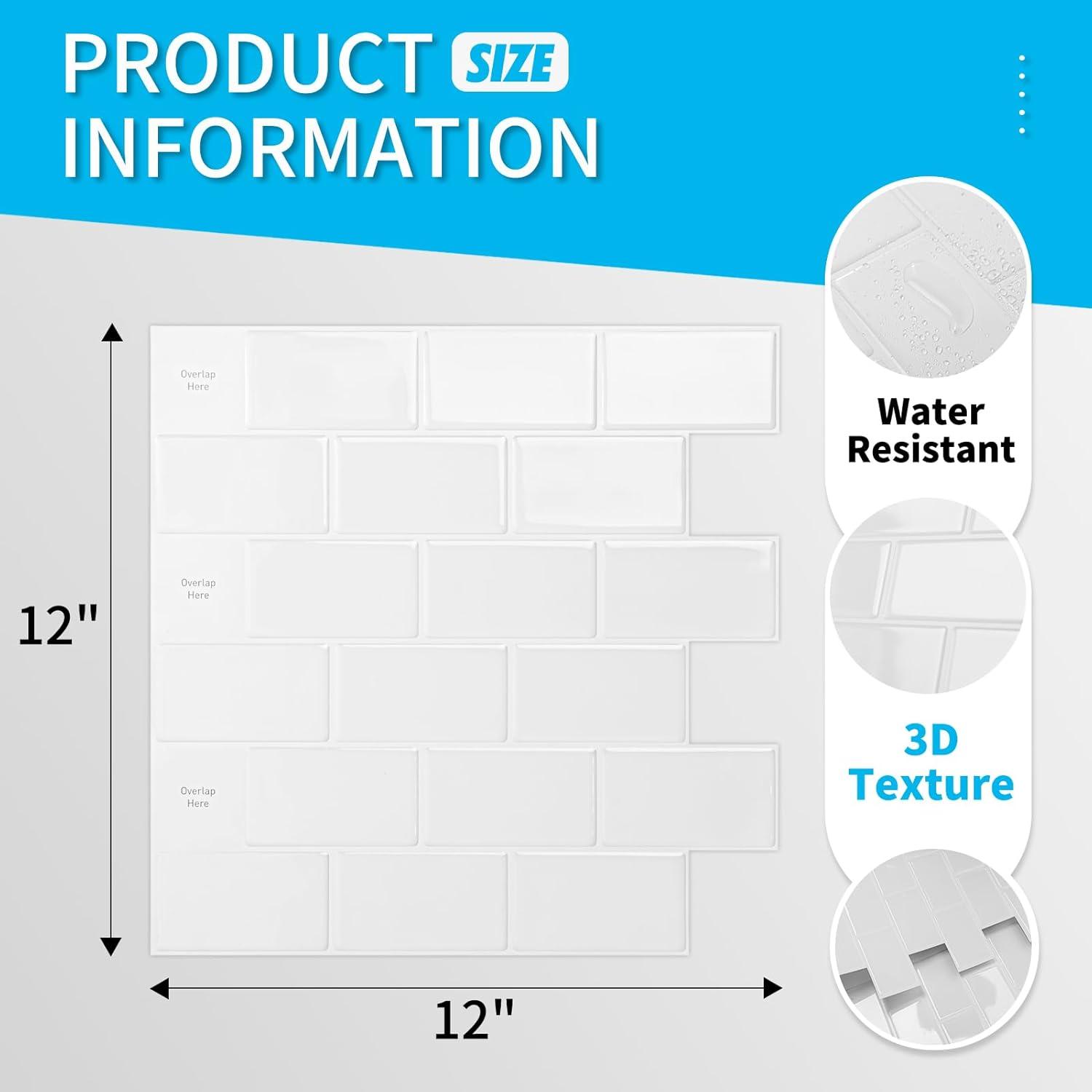 imageArt3d 10Sheet Peel and Stick Backsplash Tile for Kitchen Textured SelfAdhesive Subway Wall Tile for Kitchen Bathroom Laundry Room Enhanced Backing Adhesion ampamp Thicker Design  12quotx12quot White