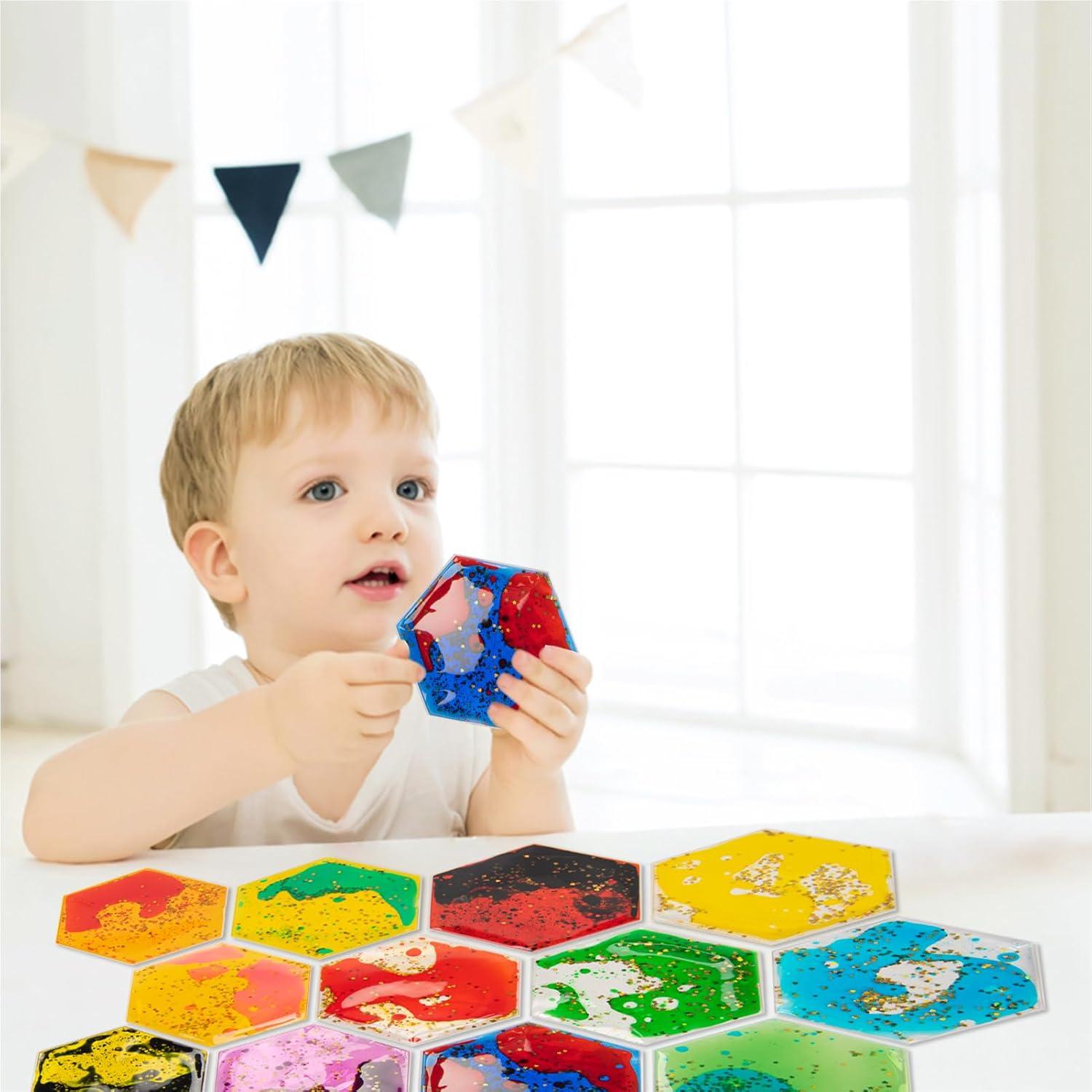 imageArt3d Hexagon Sensory Fidget Liquid Motion Tiles for Kids Toddler Teens  Interactive Soft Gel Liquid Play Mats for Home Schools Playrooms MultiPack of 3 TilesMulticoloured  Style 6