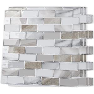 imageArt3d 10Piece Peel ampamp Stick KitchenBathroom Backsplash Tiles 12quot X 12quot Colorful Marble Tile DesignBeige  White