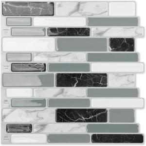 imageArt3d 10Piece Peel ampamp Stick KitchenBathroom Backsplash Tiles 12quot X 12quot Colorful Marble Tile DesignGray